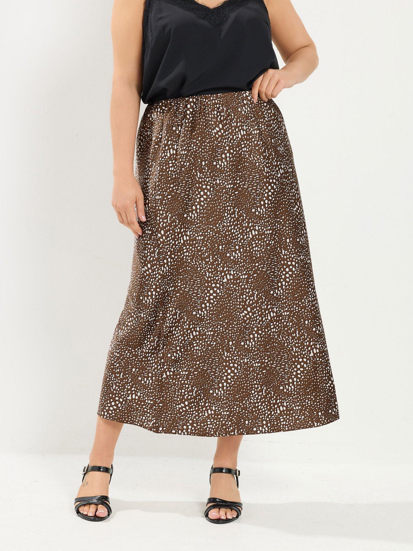 Yours Curve Satin Spot Skirt - Brown
