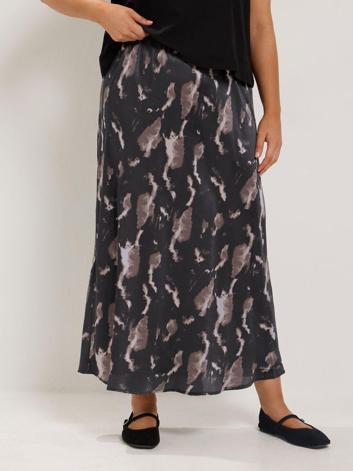 Yours Curve Marble Bias Cut Satin Skirt - Black