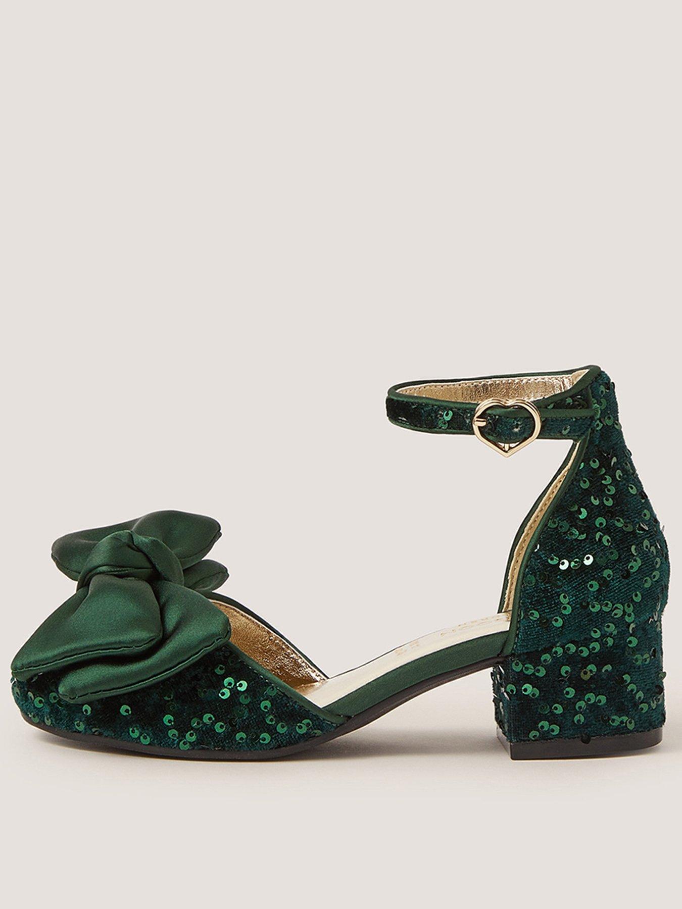 Monsoon Girls Velvet Sequin Bow Heeled Shoes - Green