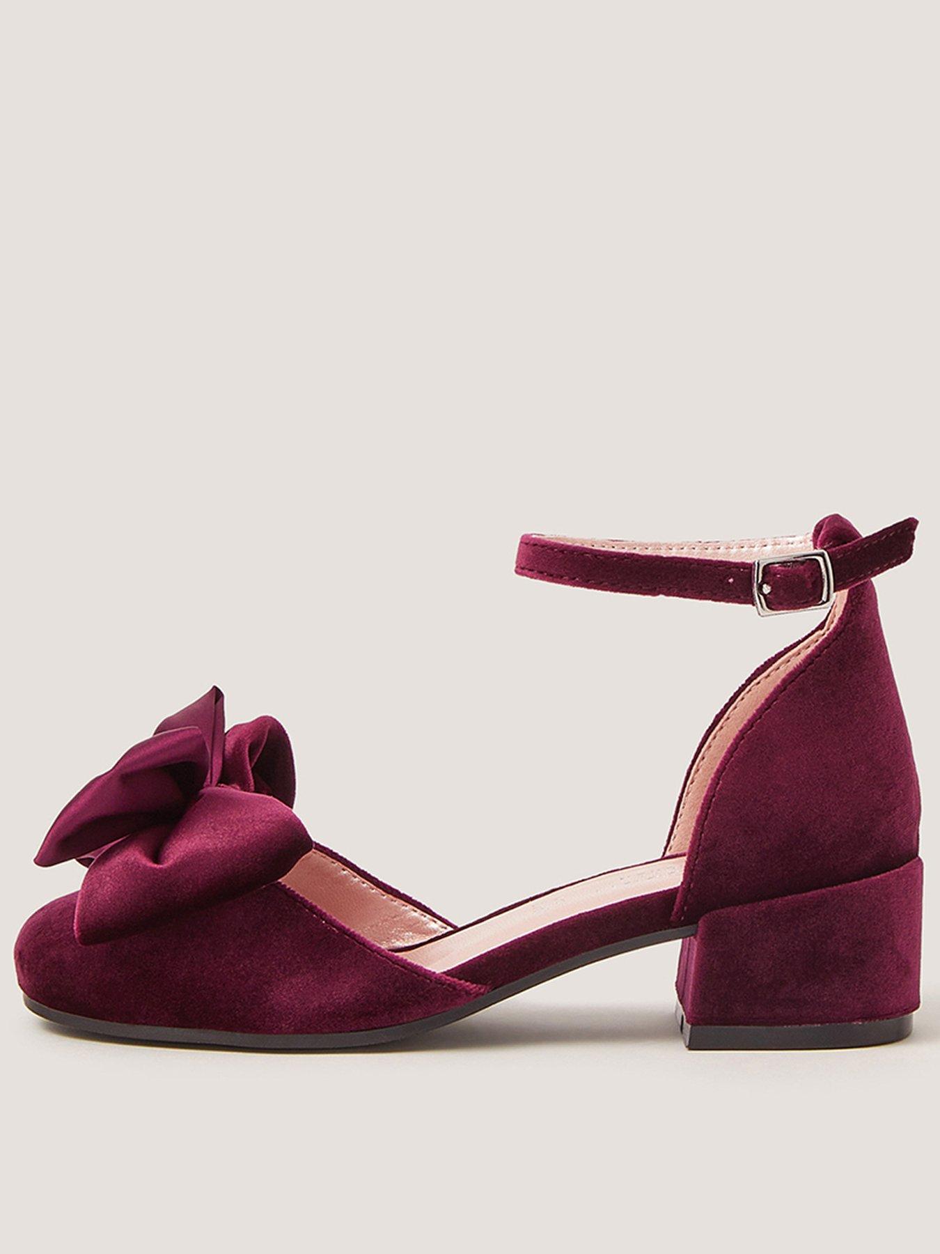 Monsoon Girls Velvet Bow Pearl Heeled Shoes - Dark Red