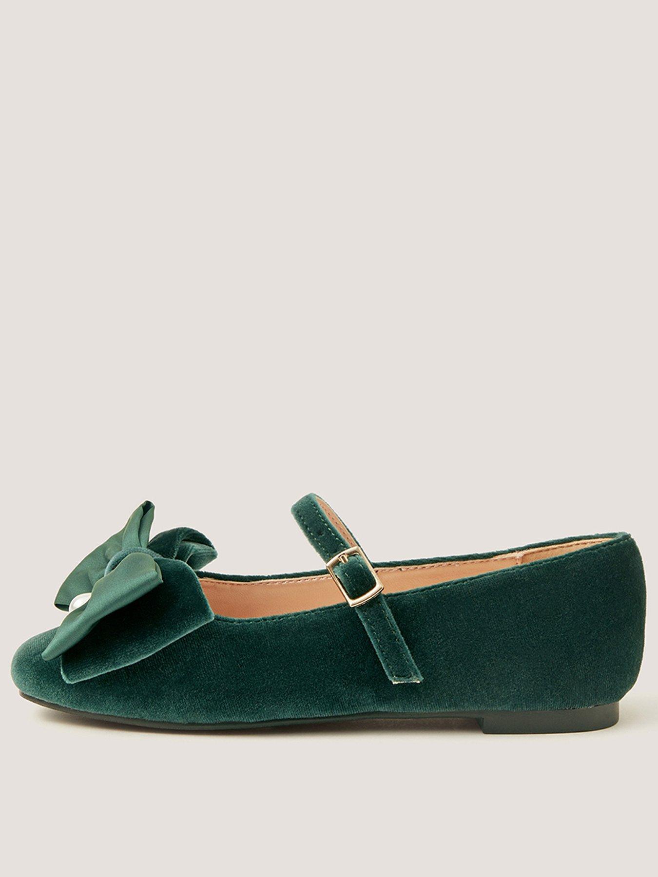 Monsoon Girls Velvet Bow Pearl Ballerina Shoes - Green