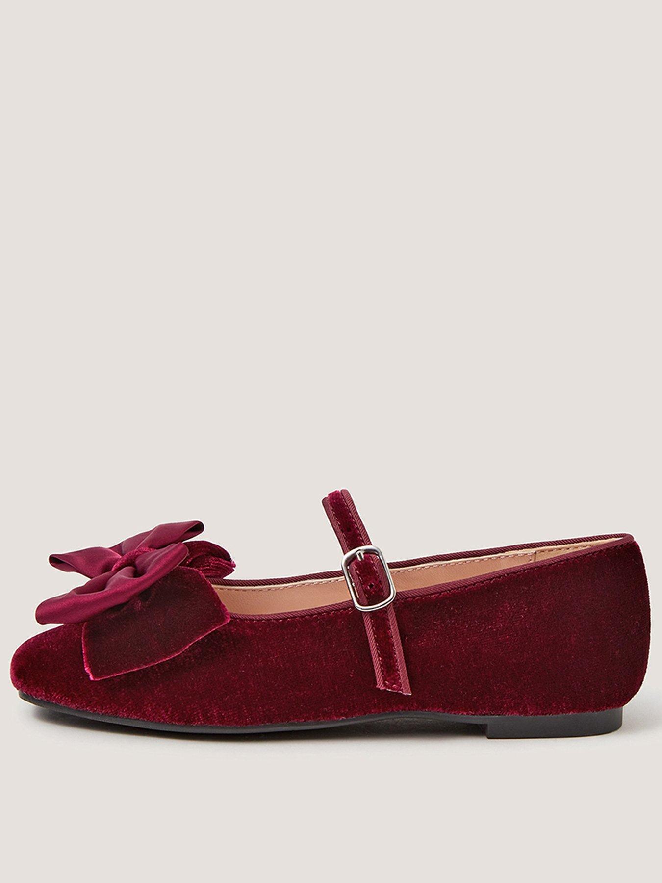 Monsoon Girls Velvet Bow Pearl Ballerina Shoes - Dark Red