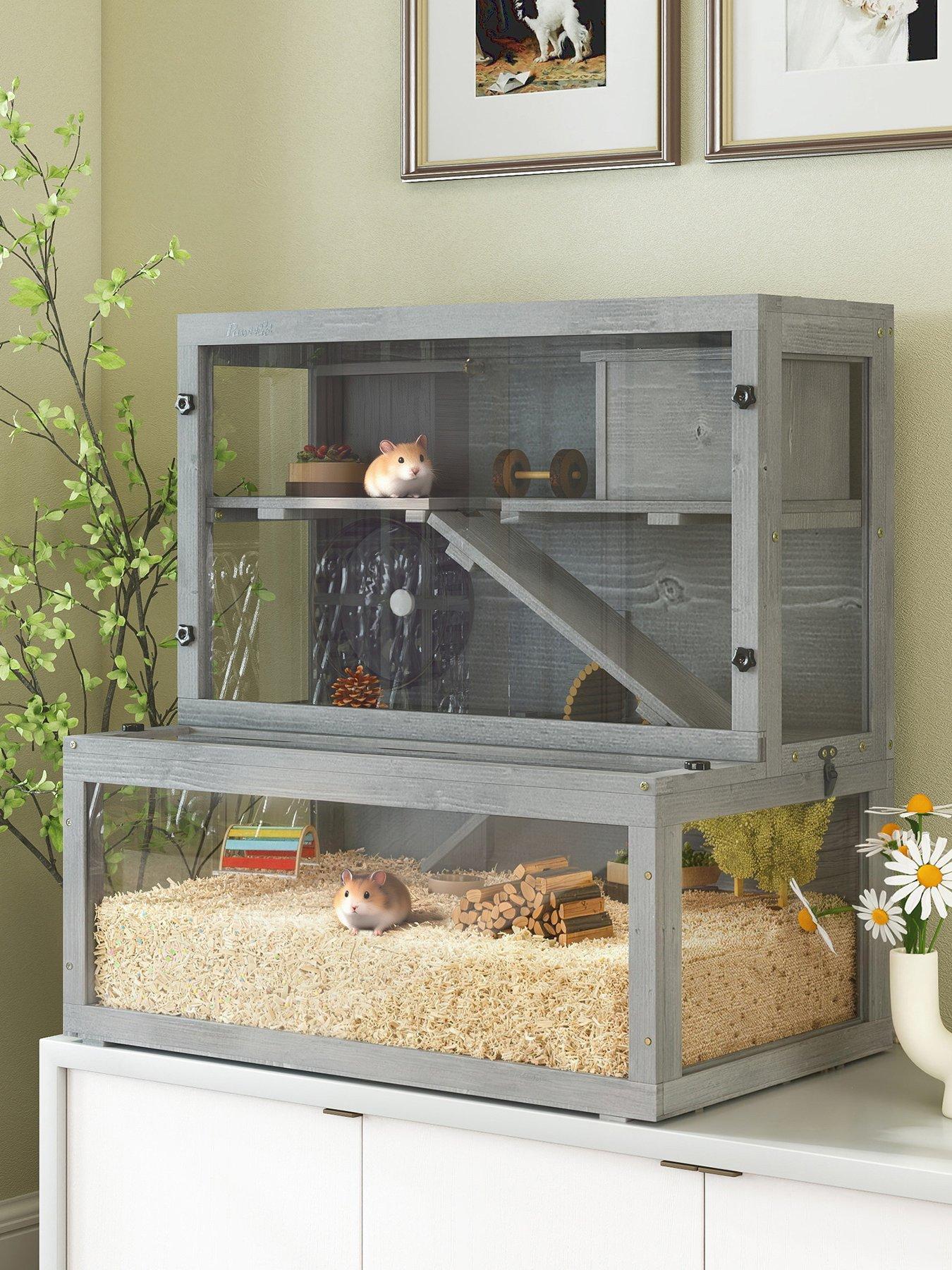 PawHut PawHut Wooden Hamster Cage, Large Gerbil Cage with Hut, Wheel, Ramps, 3 Tier Small Animal Habitat with Removable Viewing Panels, 80 x 50 x 84 cm, Grey