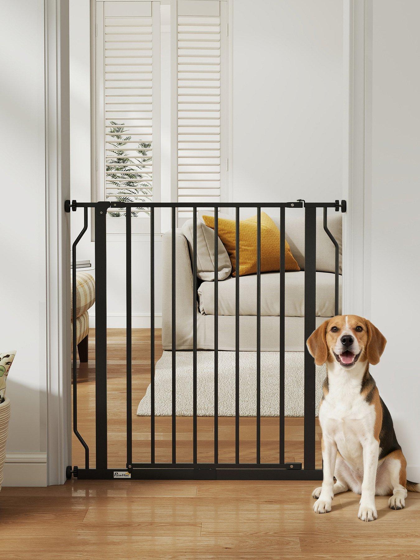Image 1 of 7 of PawHut Dog Gate Wide Stair Gate with Door Pressure Fit Pets Barrier for Doorway, Hallway, One-Hand Operate, Two Way Open, 76H x 75-85W cm - Black