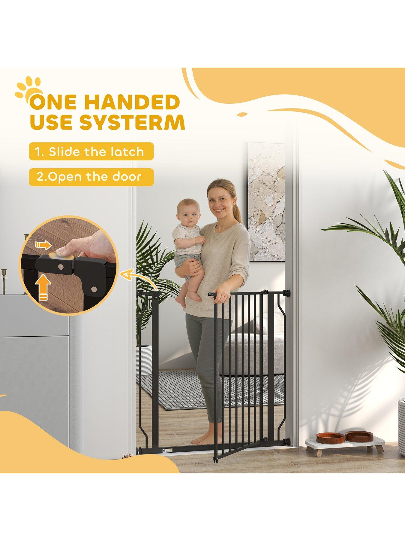 Image 4 of 7 of PawHut Dog Gate Wide Stair Gate with Door Pressure Fit Pets Barrier for Doorway, Hallway, One-Hand Operate, Two Way Open, 76H x 75-85W cm - Black