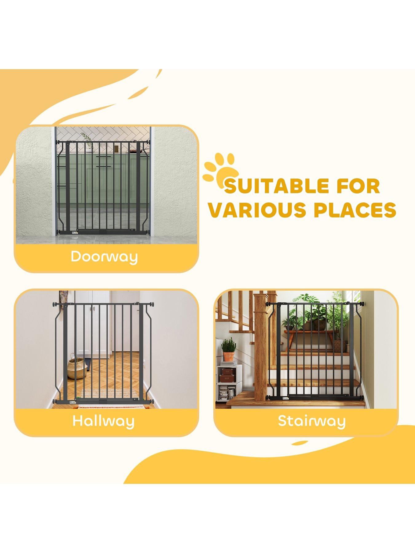 Image 6 of 7 of PawHut Dog Gate Wide Stair Gate with Door Pressure Fit Pets Barrier for Doorway, Hallway, One-Hand Operate, Two Way Open, 76H x 75-85W cm - Black