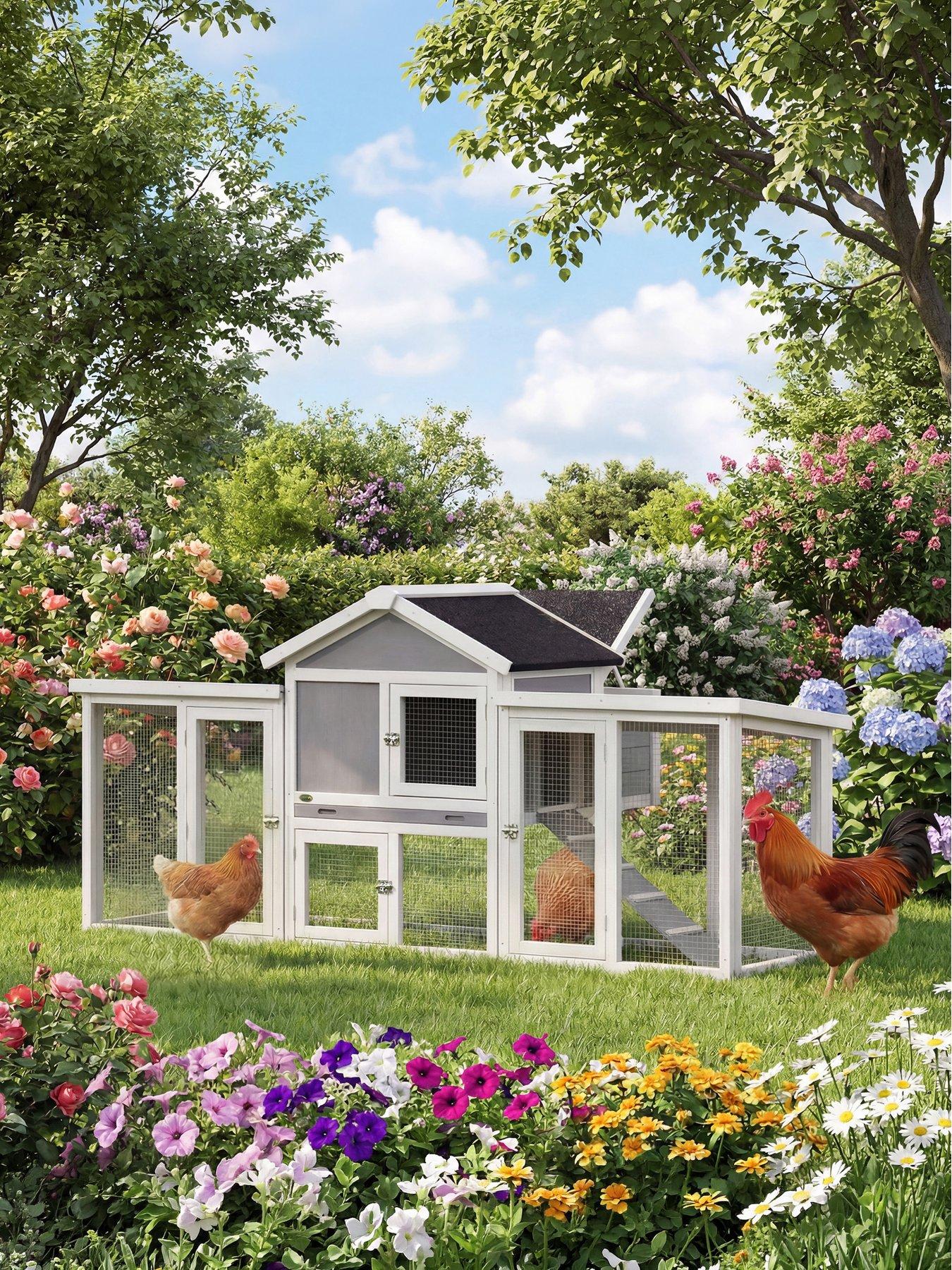 Image 1 of 7 of PawHut Large Chicken Coop, Wooden Outdoor Chicken Cage Poultry Hen House with Nesting Box, Runs, Removable Tray, Ramp, Roosting Bar, 204 x 85 x 93cm