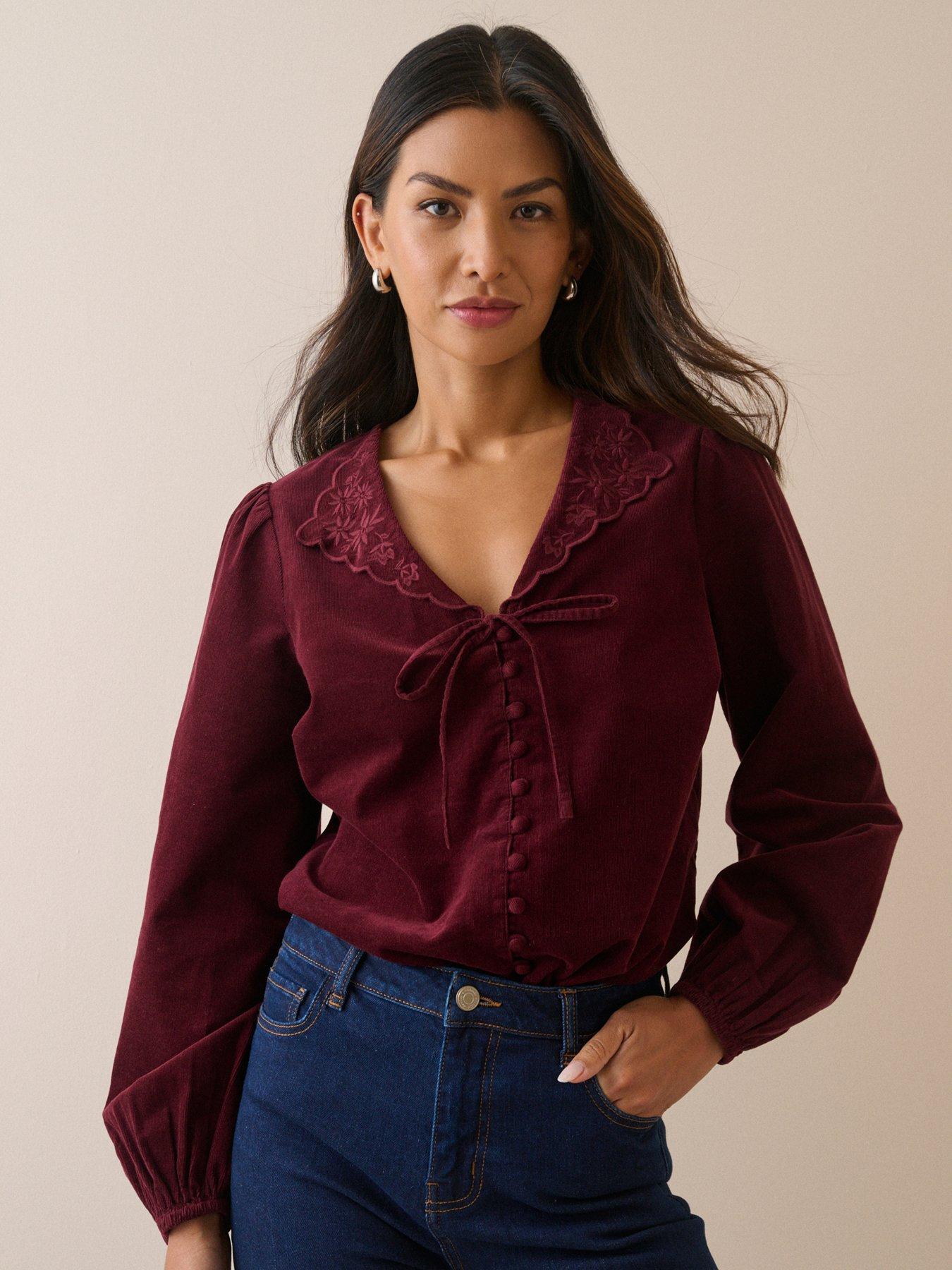 Nobodys Child Floral Embroidered Collar Cord Blouse - Burgundy