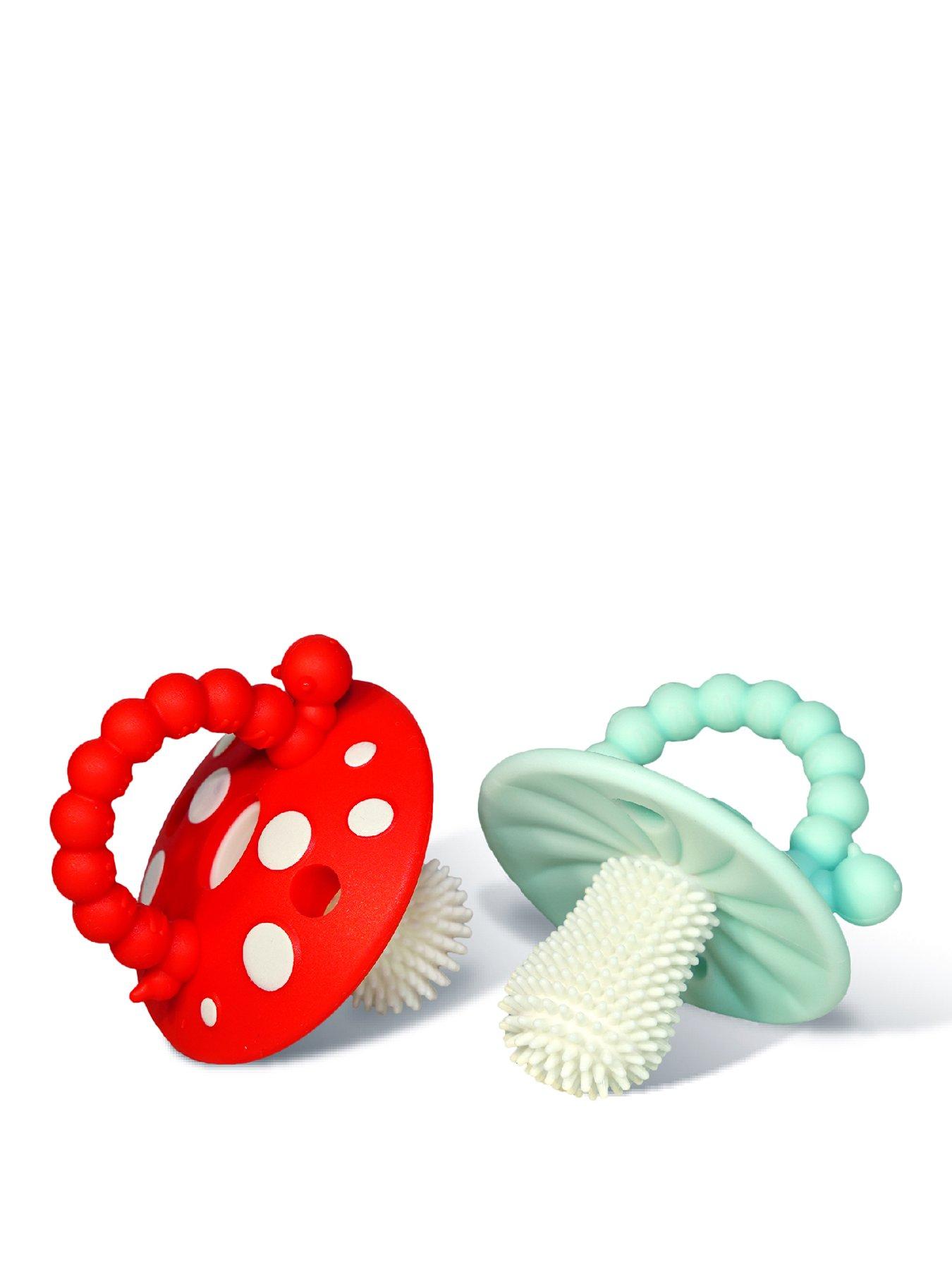 Image 1 of 4 of RazBaby Chompy Mushroom Teether 2 Pack (Red &amp; Blue)