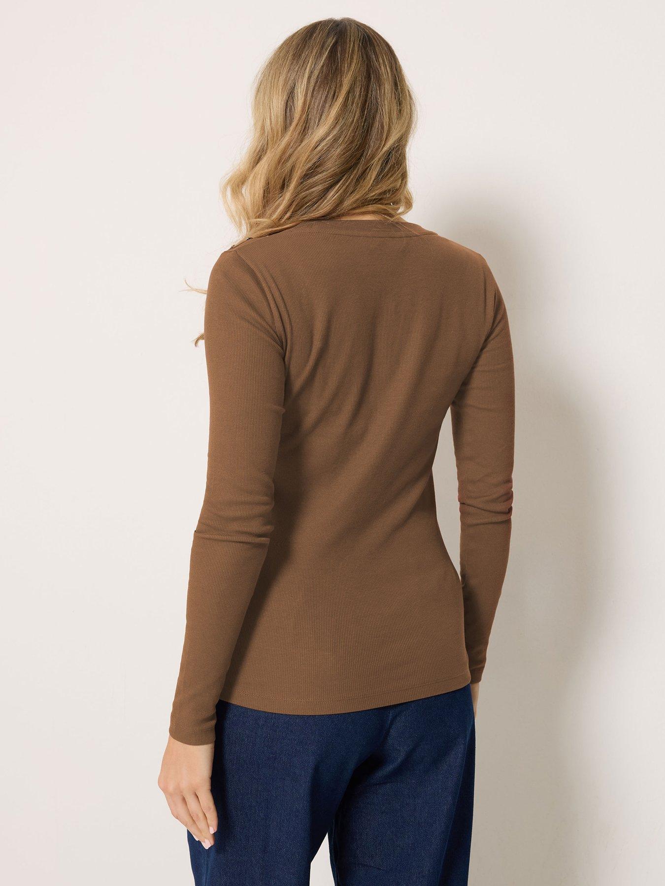 Image 2 of 4 of Long Tall Sally LTS Tall Ribbed Button Top - Mocha Brown