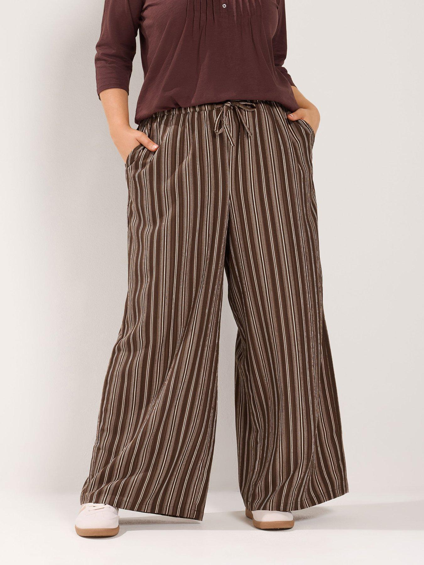 Yours Curve Wide Leg Striped 30" Trousers - Brown