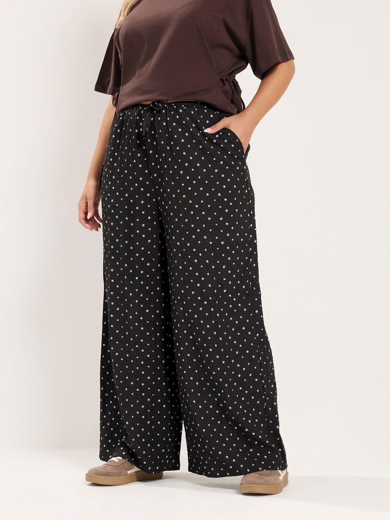 Yours Curve Polka Dot Wide Leg 28" Trousers - Brown