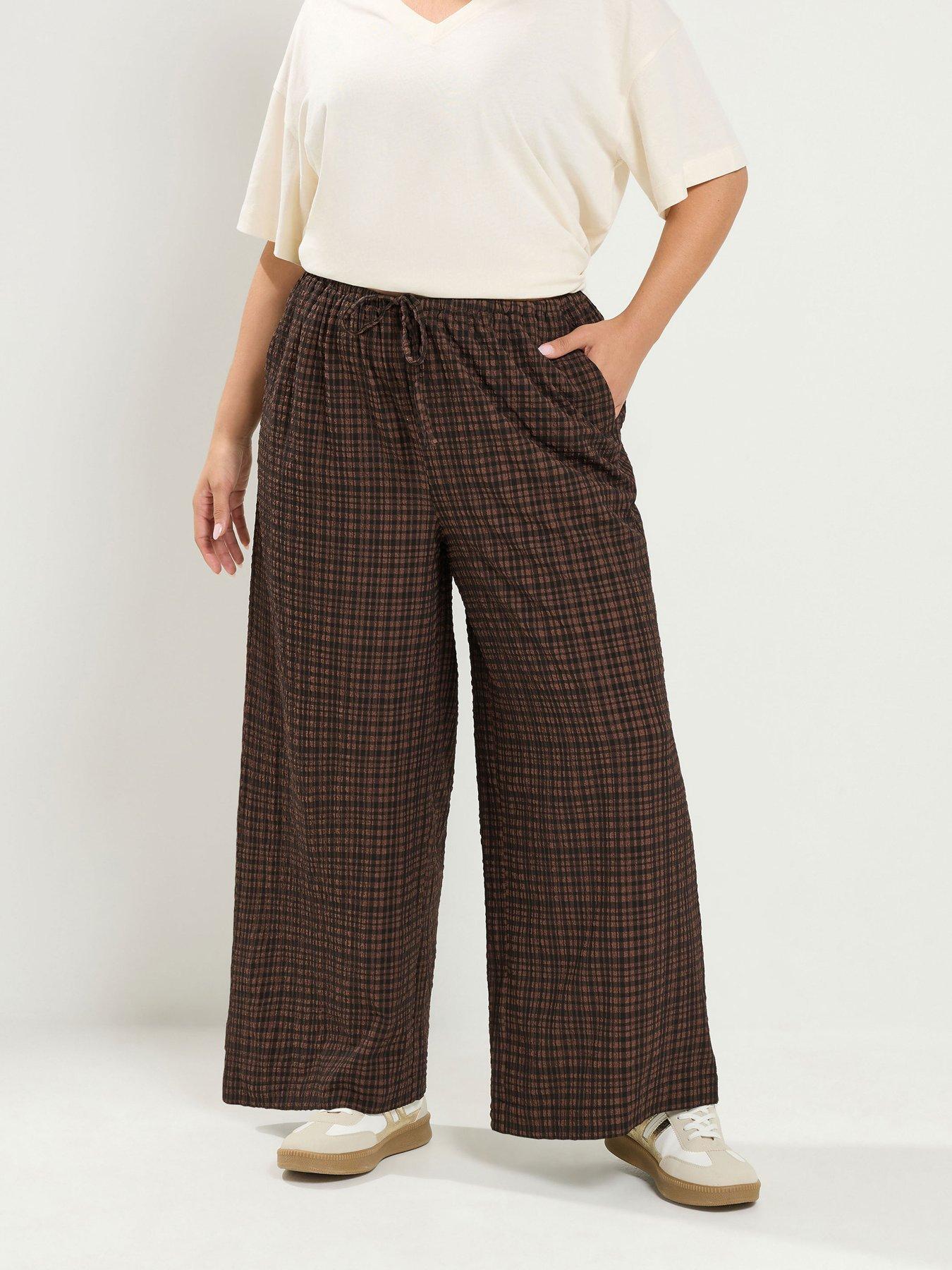 Image 1 of 4 of Yours Curve Checked Wide Leg 28" Trousers - Brown