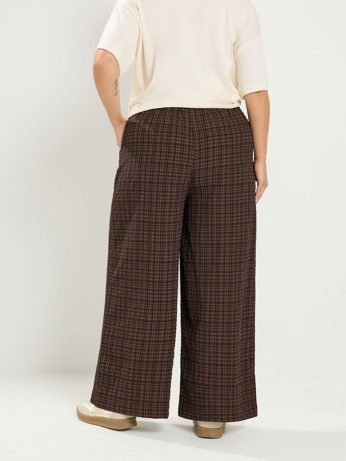 Image 2 of 4 of Yours Curve Checked Wide Leg 28" Trousers - Brown