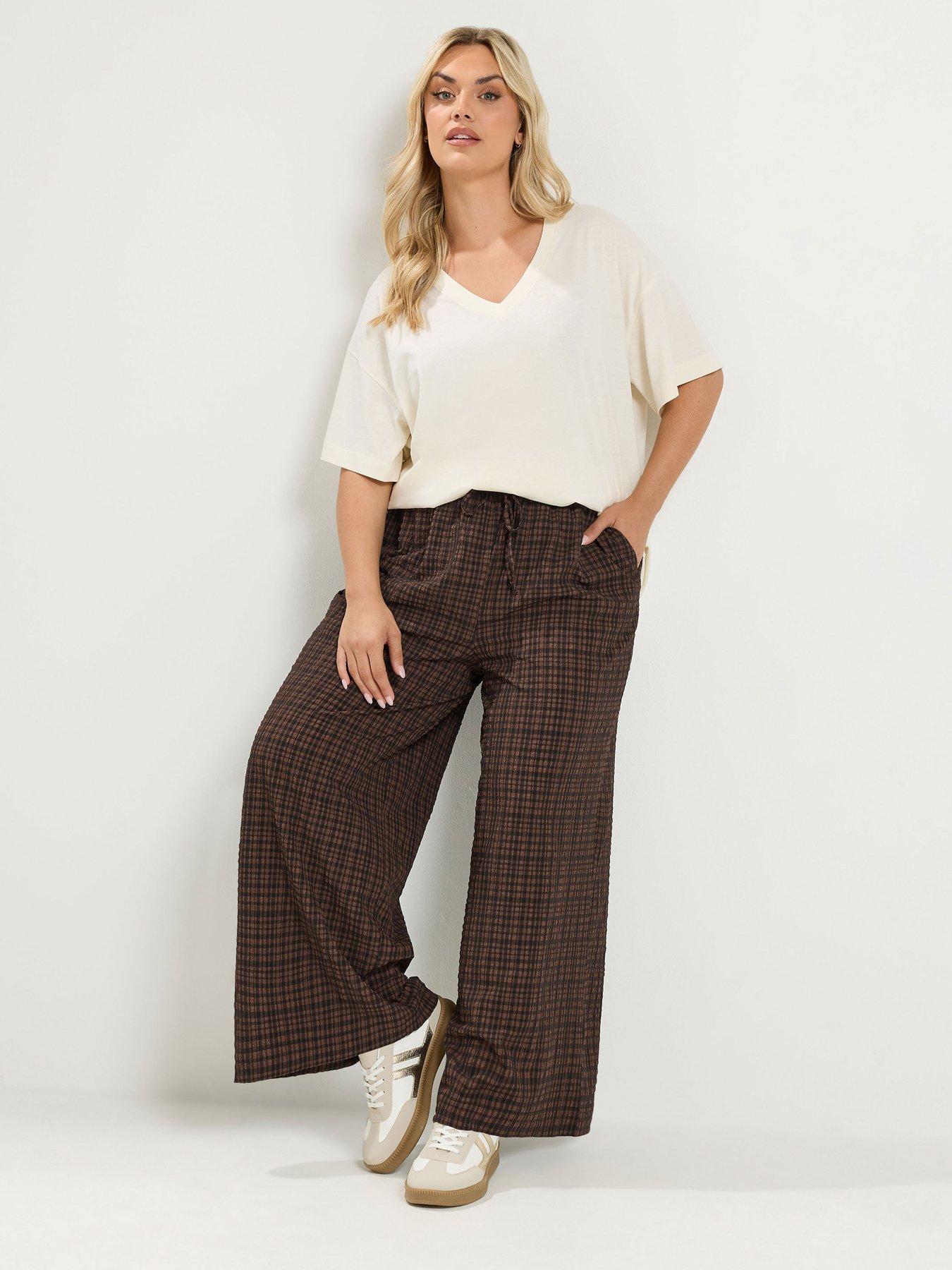 Image 3 of 4 of Yours Curve Checked Wide Leg 28" Trousers - Brown