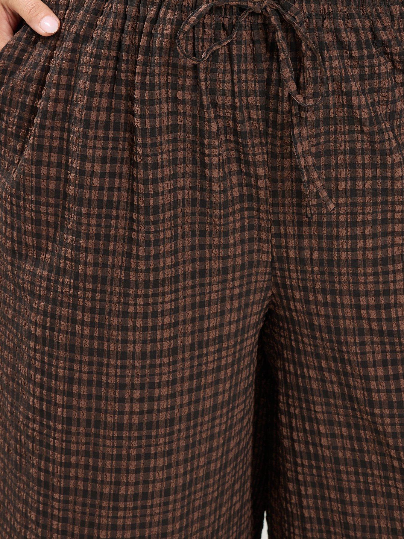 Image 4 of 4 of Yours Curve Checked Wide Leg 28" Trousers - Brown