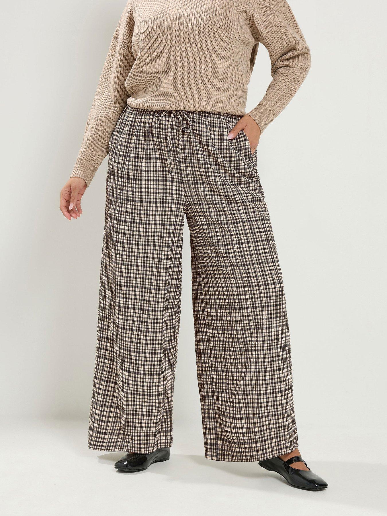 Yours Curve Checked Wide Leg 28" Trousers - Brown