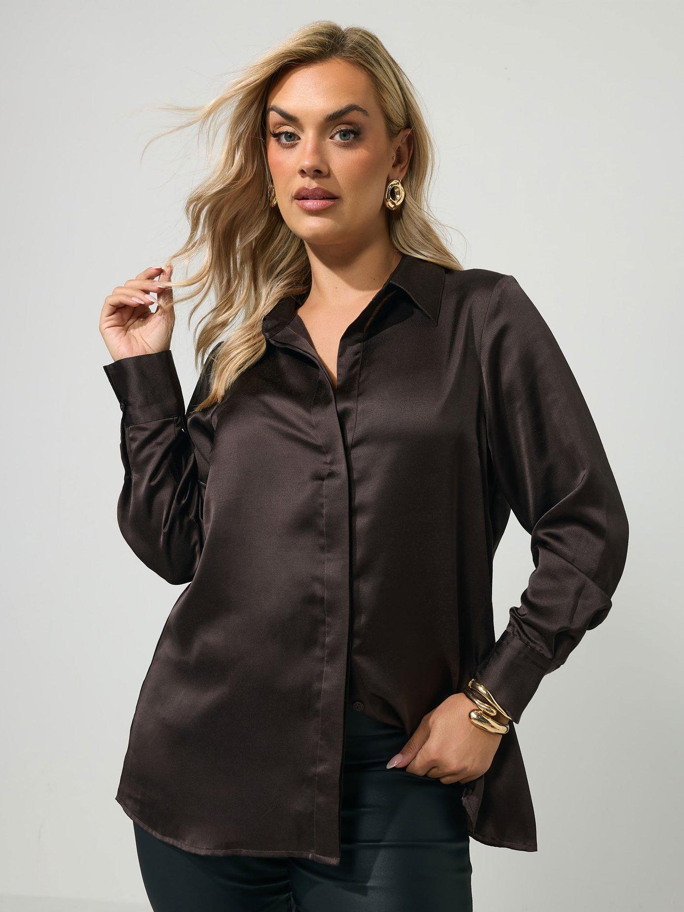 Yours Curve Satin Open Collar Shirt - Brown