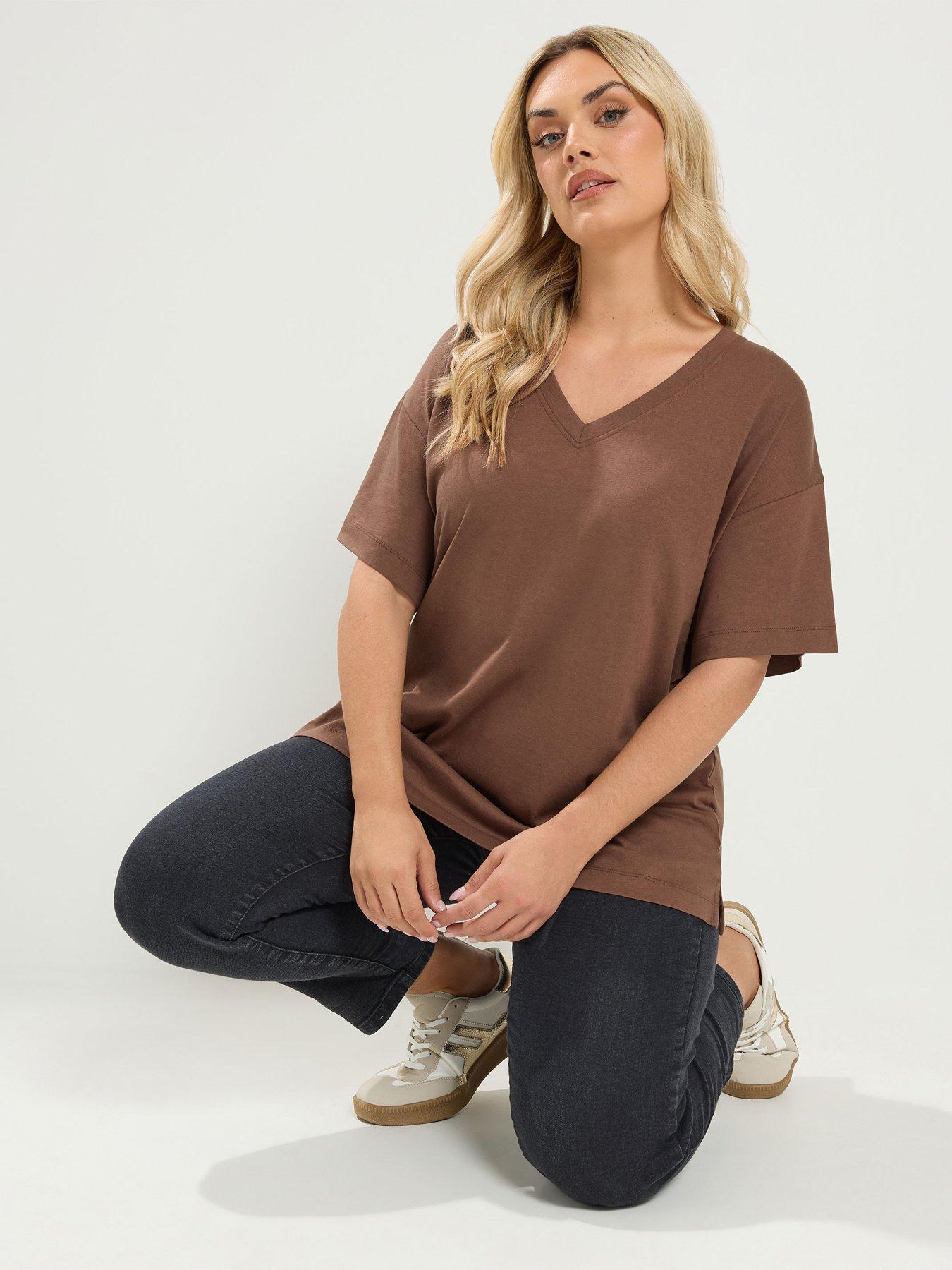Yours Curve Relaxed Longline V-Neck T-Shirt - Brown