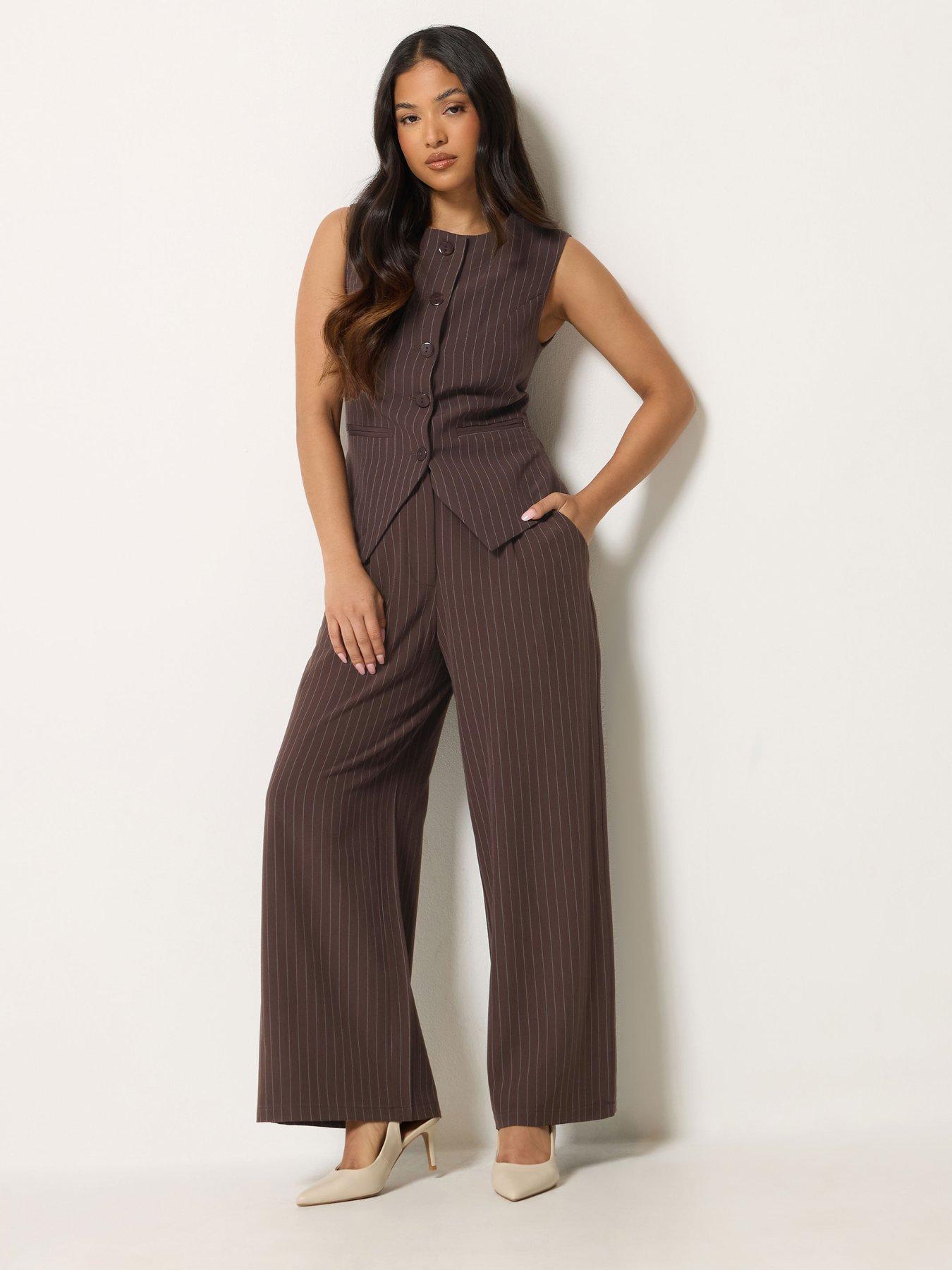 Image 3 of 4 of PixieGirl Petite Pinstripe Button Waistcoat - Brown
