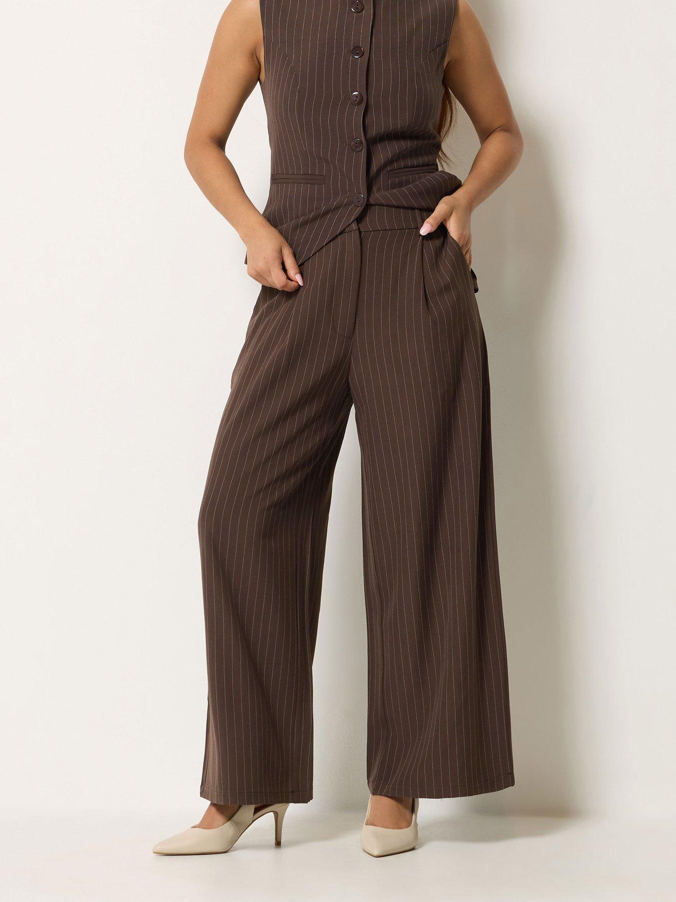 Image 1 of 4 of PixieGirl Petite Pinstripe Button Waistcoat - Brown