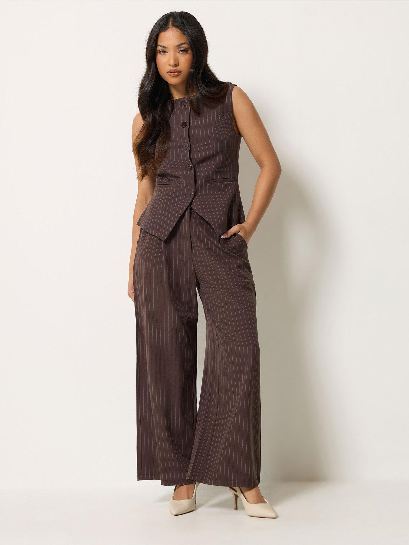 Image 3 of 4 of PixieGirl Petite Pinstripe Button Waistcoat - Brown