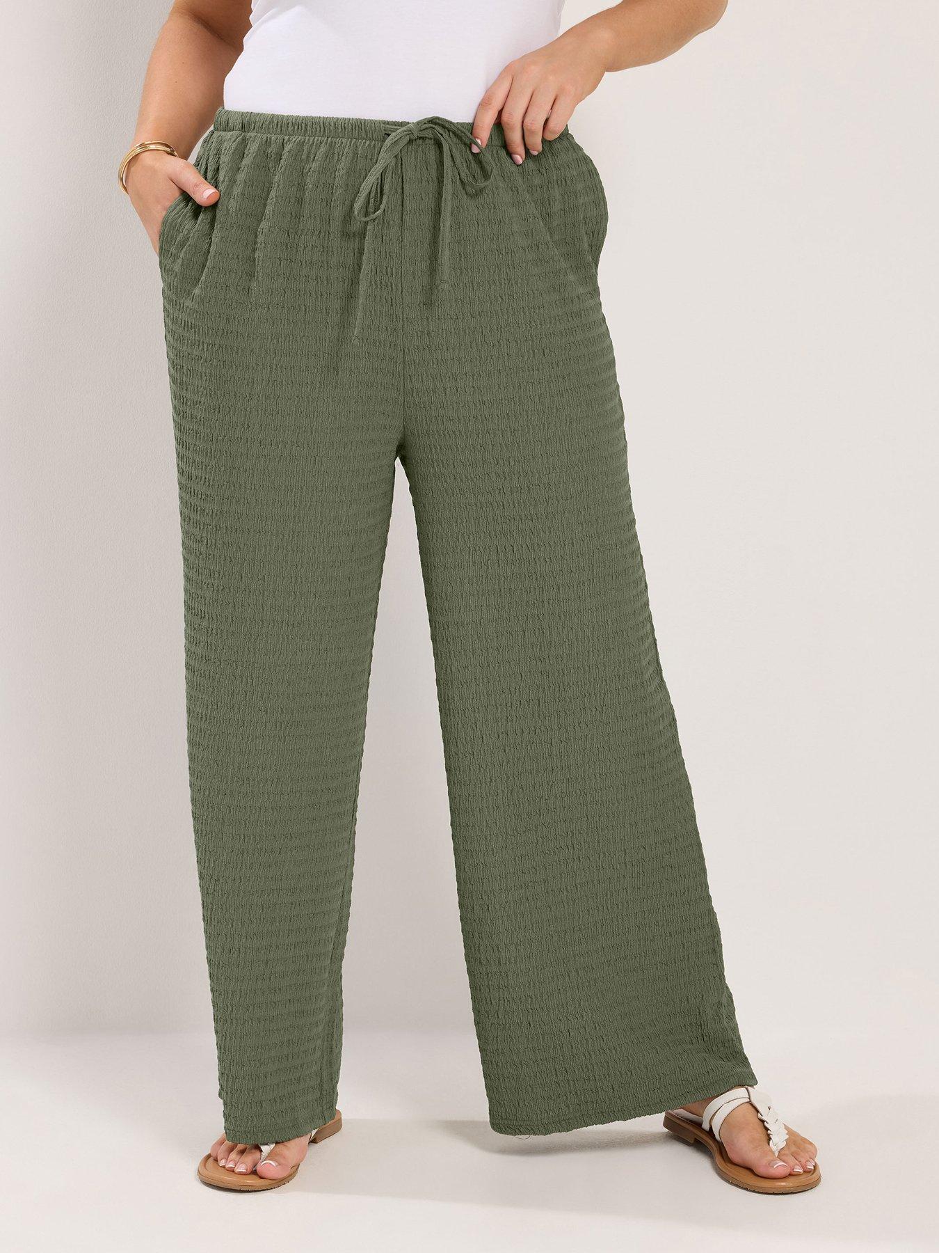 Yours Curve Wide Leg Textured 28" Trousers - Green