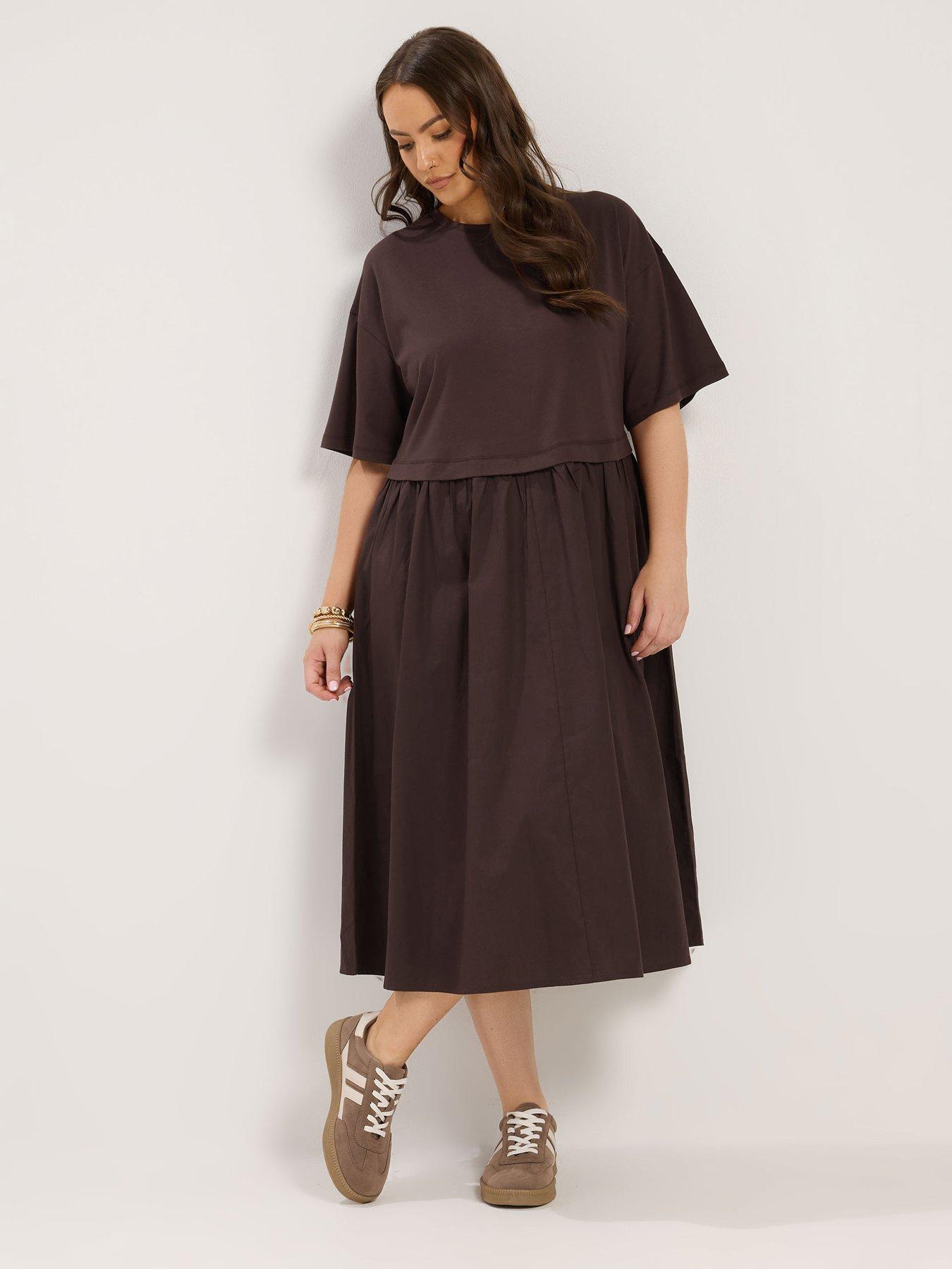 Yours Curve 2-In-1 Poplin Midi Dress - Chocolate Brown