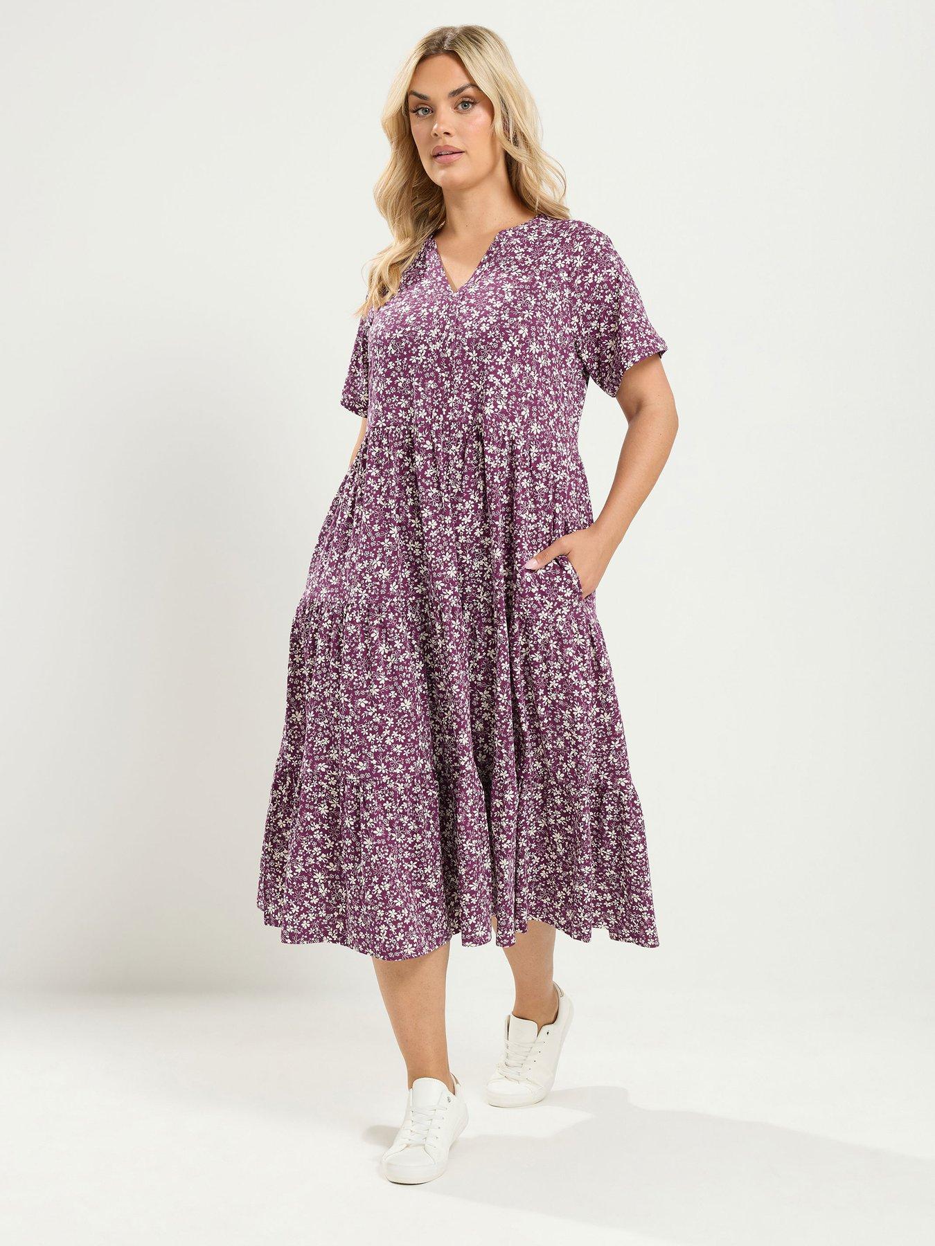 Image 1 of 4 of Yours Curve Cotton Tierred Dress - Purple