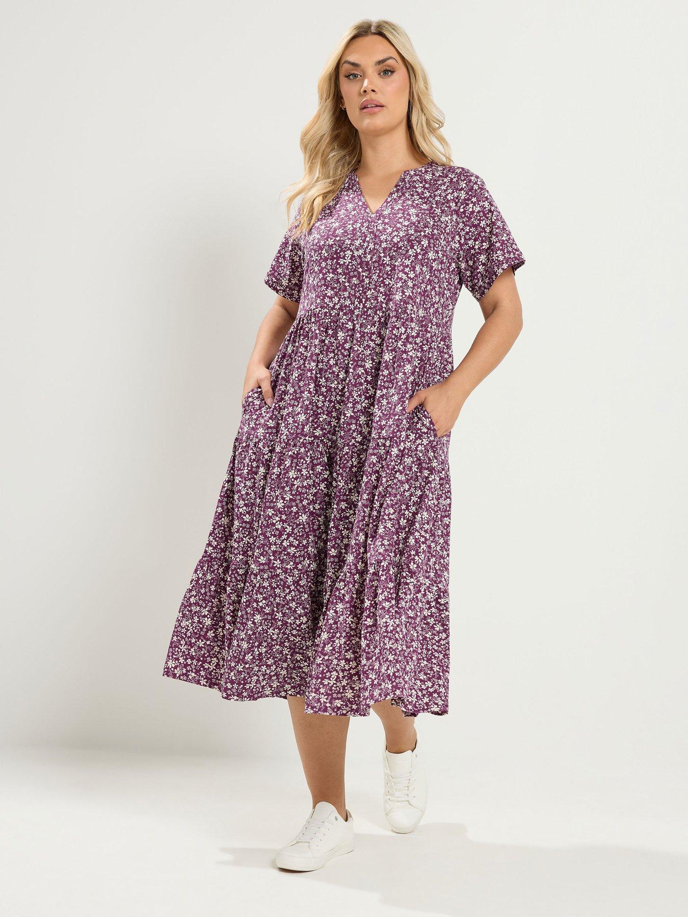 Image 3 of 4 of Yours Curve Cotton Tierred Dress - Purple