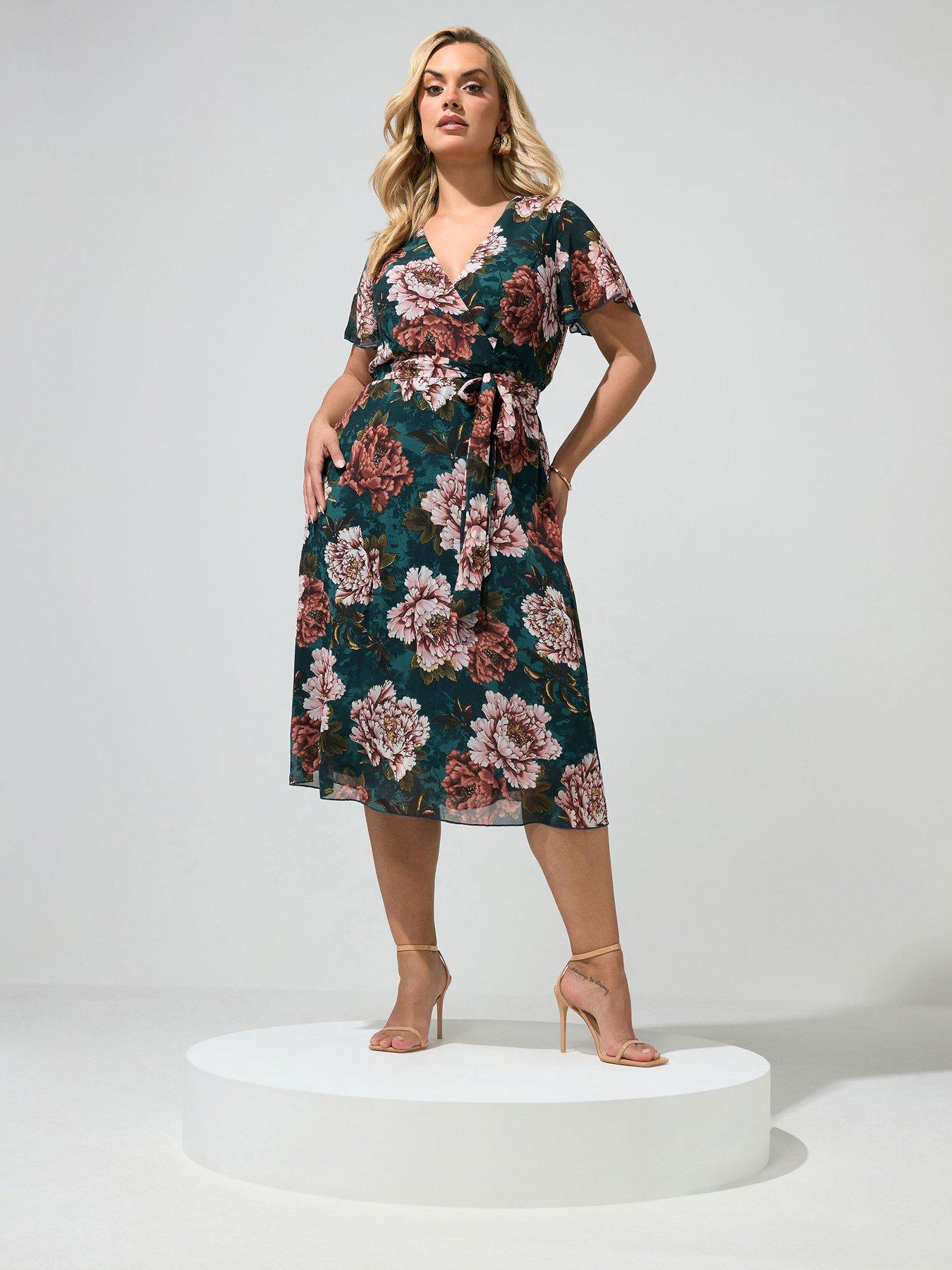 Yours Curve Floral Wrap Dress - Green
