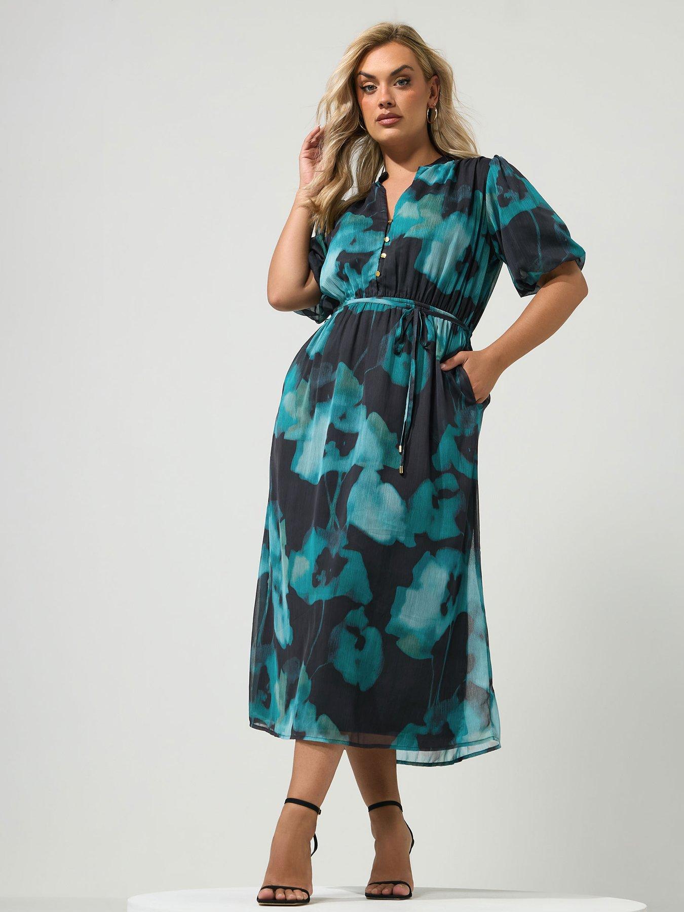 Yours Curve Puff Sleeve Dress - Green