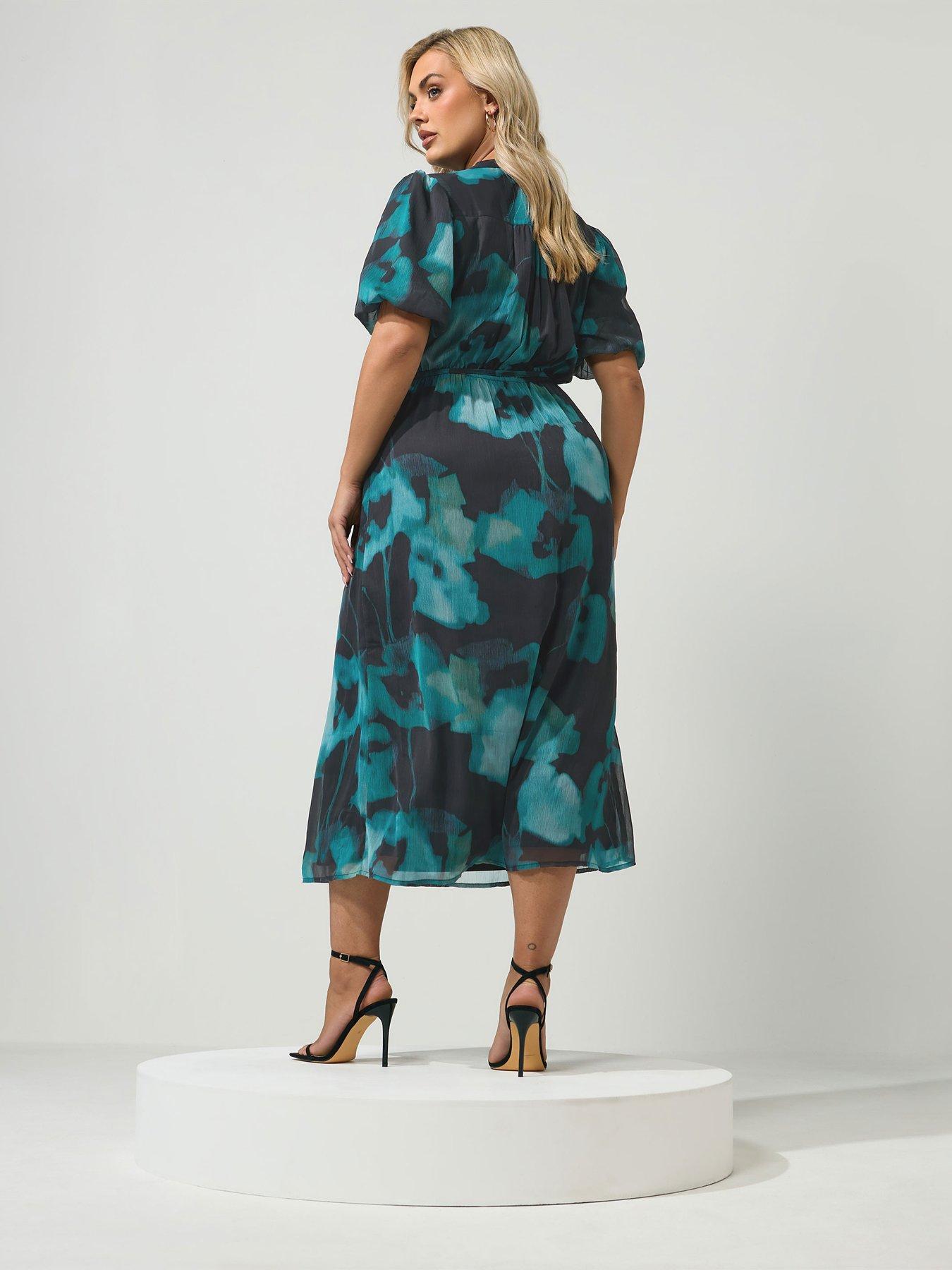Image 2 of 4 of Yours Curve Puff Sleeve Dress - Green