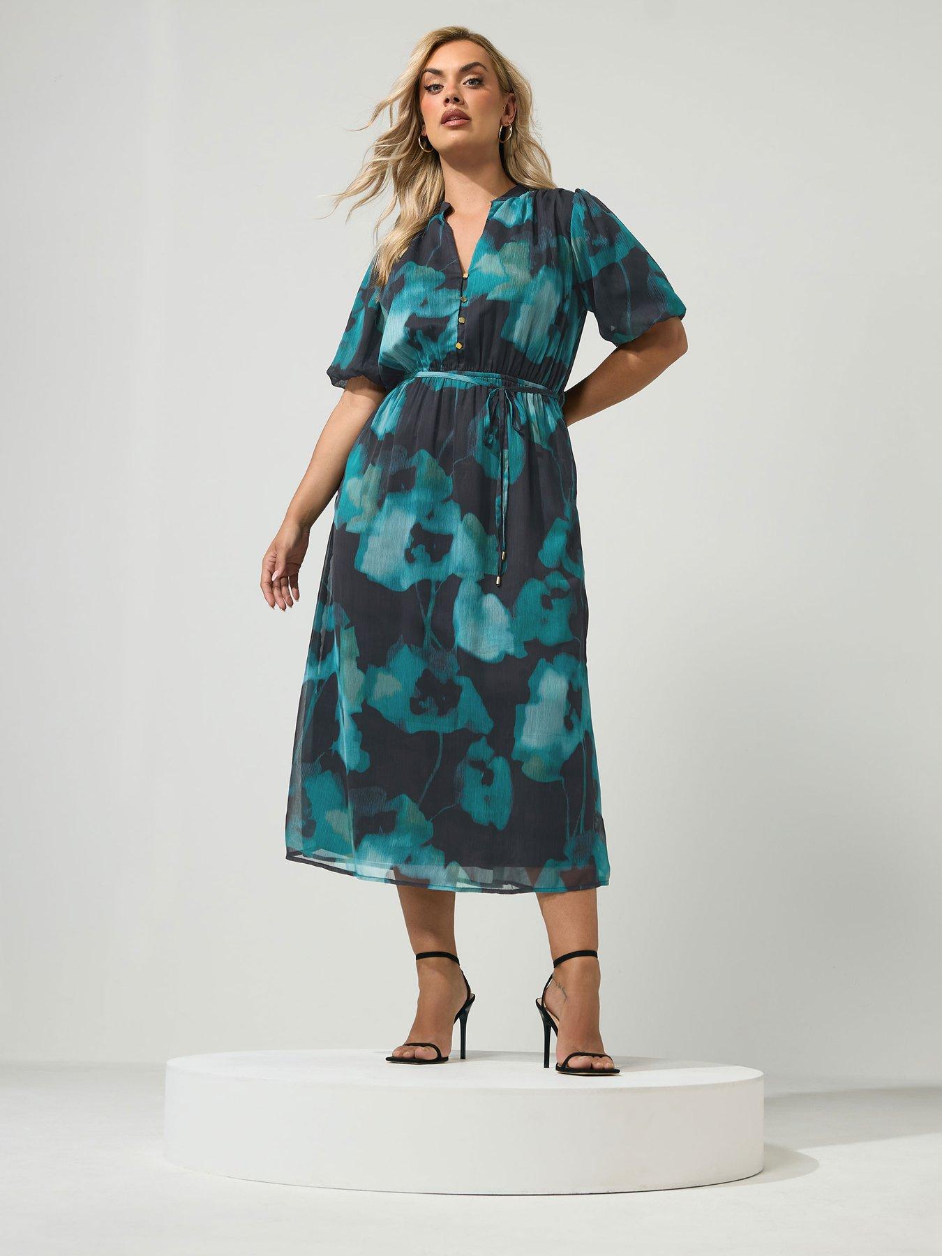 Image 3 of 4 of Yours Curve Puff Sleeve Dress - Green