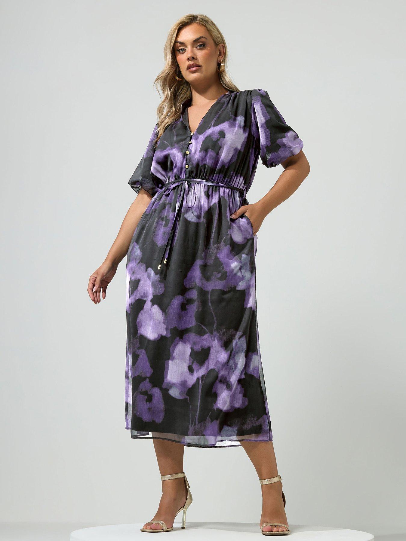 Yours Curve Puff Sleeve Dress - Purple