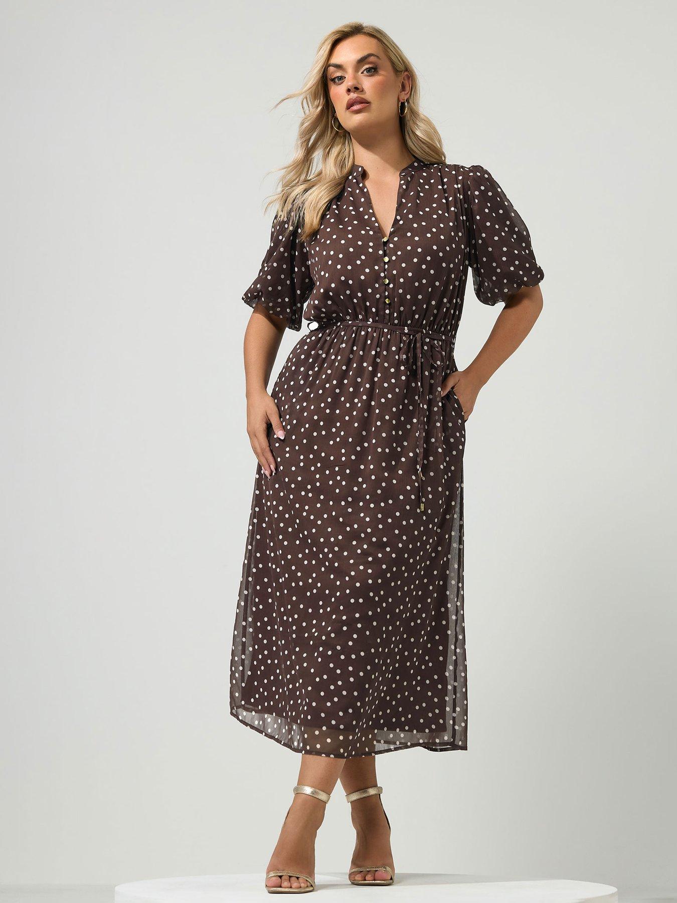 Image 1 of 4 of Yours Curve Polka Dot Puff Sleeve Dress - Brown