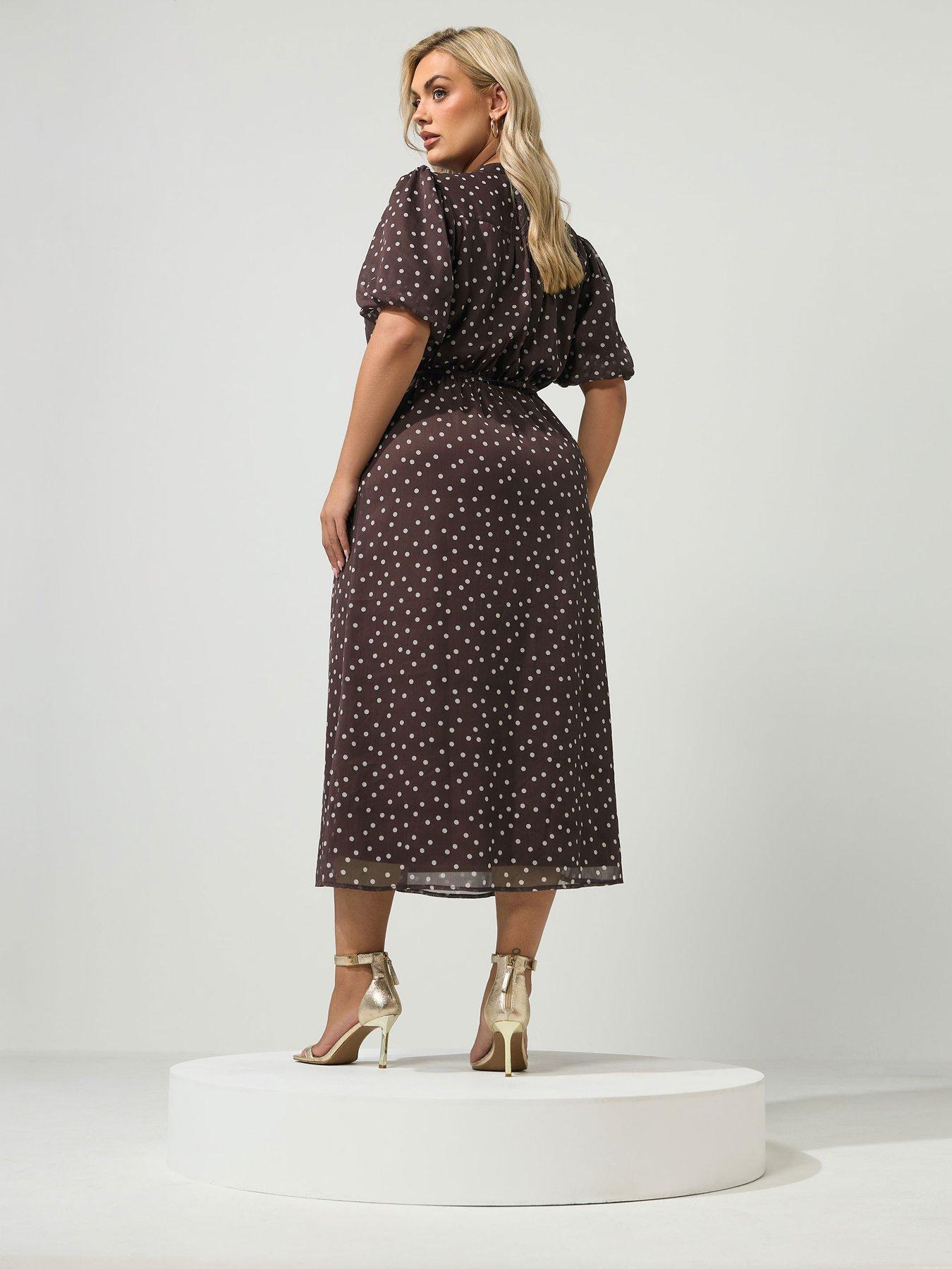 Image 2 of 4 of Yours Curve Polka Dot Puff Sleeve Dress - Brown