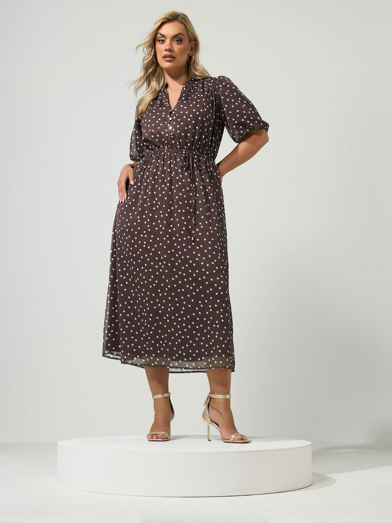 Image 3 of 4 of Yours Curve Polka Dot Puff Sleeve Dress - Brown