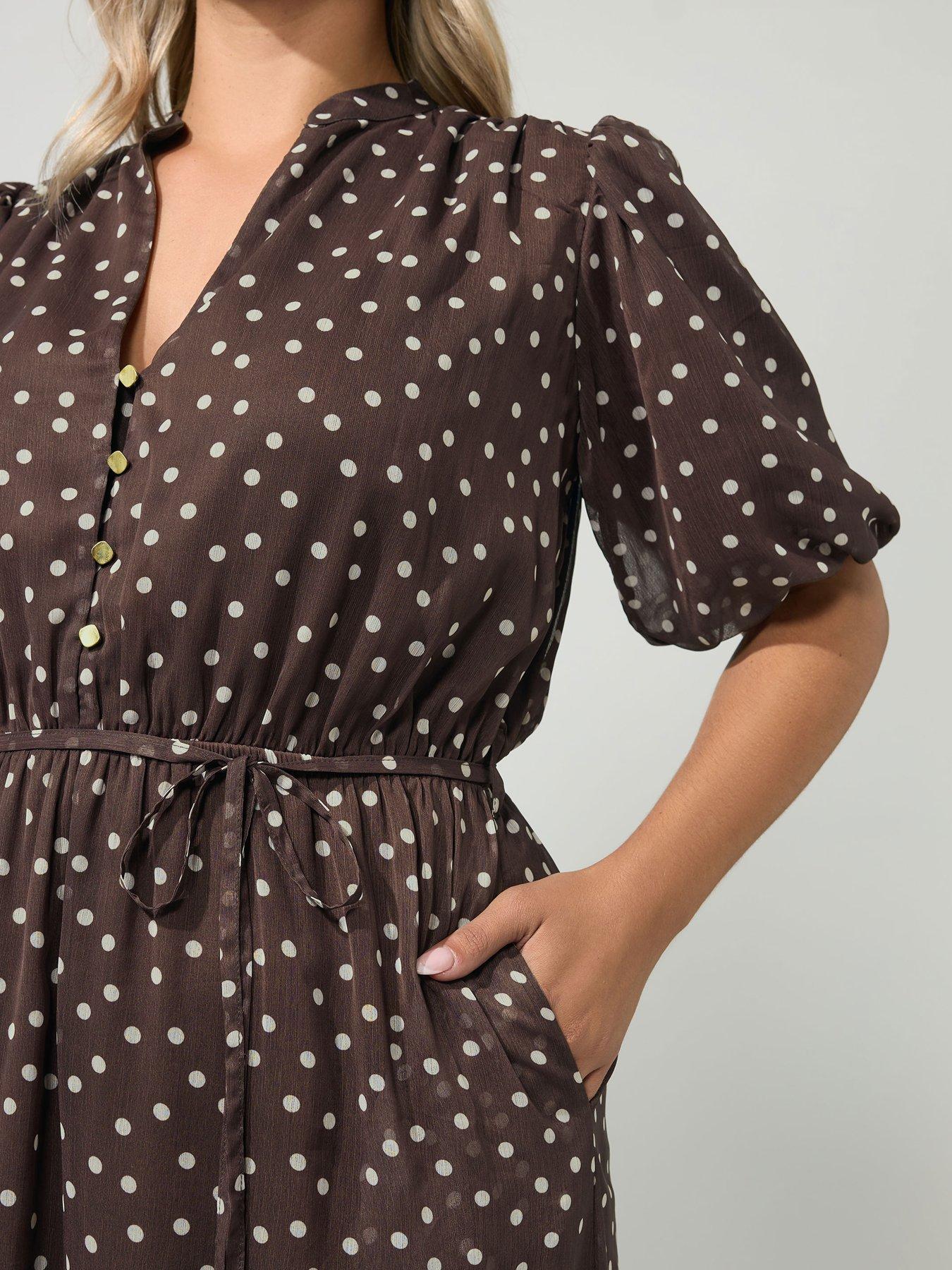 Image 4 of 4 of Yours Curve Polka Dot Puff Sleeve Dress - Brown