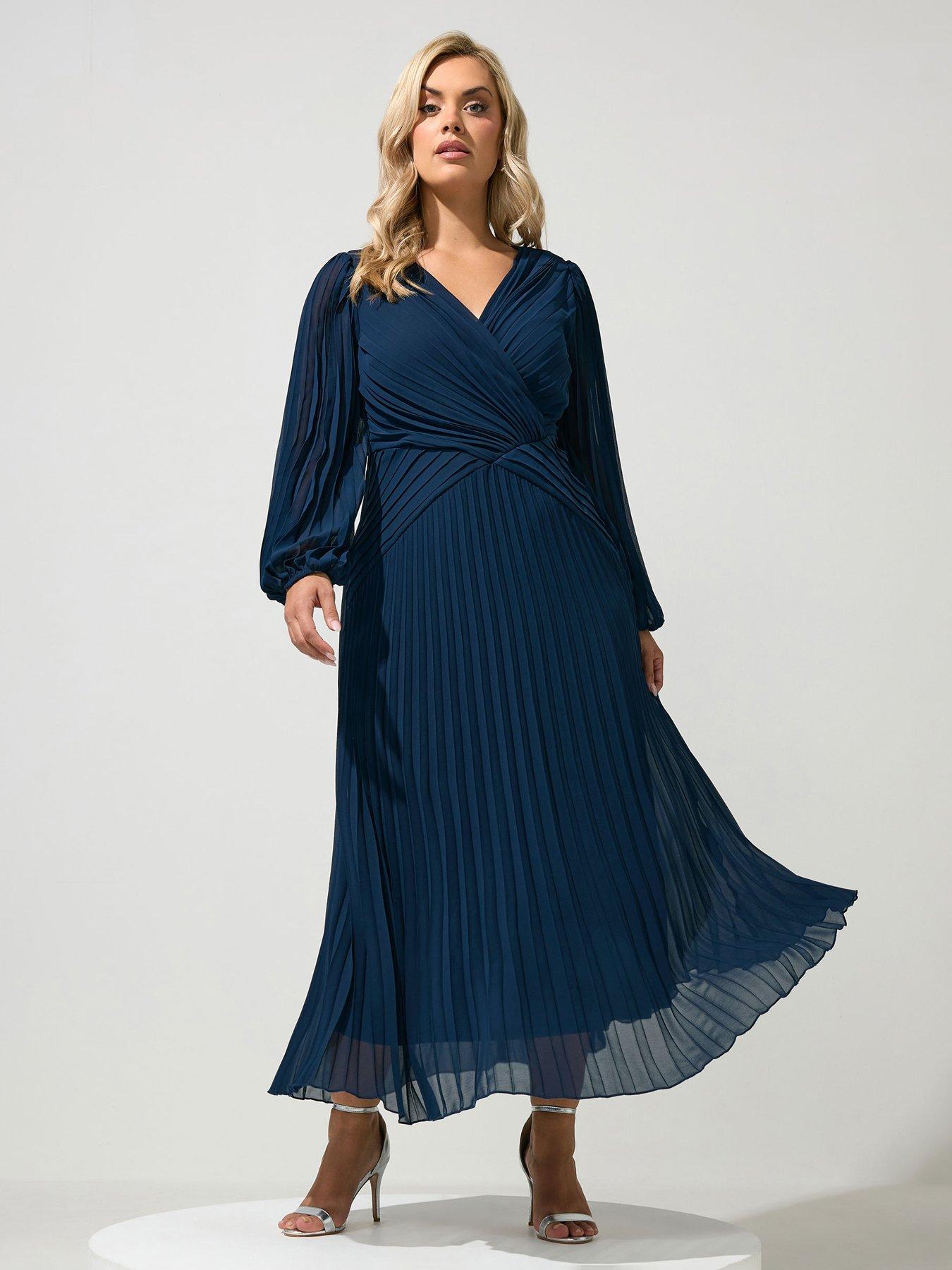 Yours Curve Pleat Long Sleeve Dress - Blue
