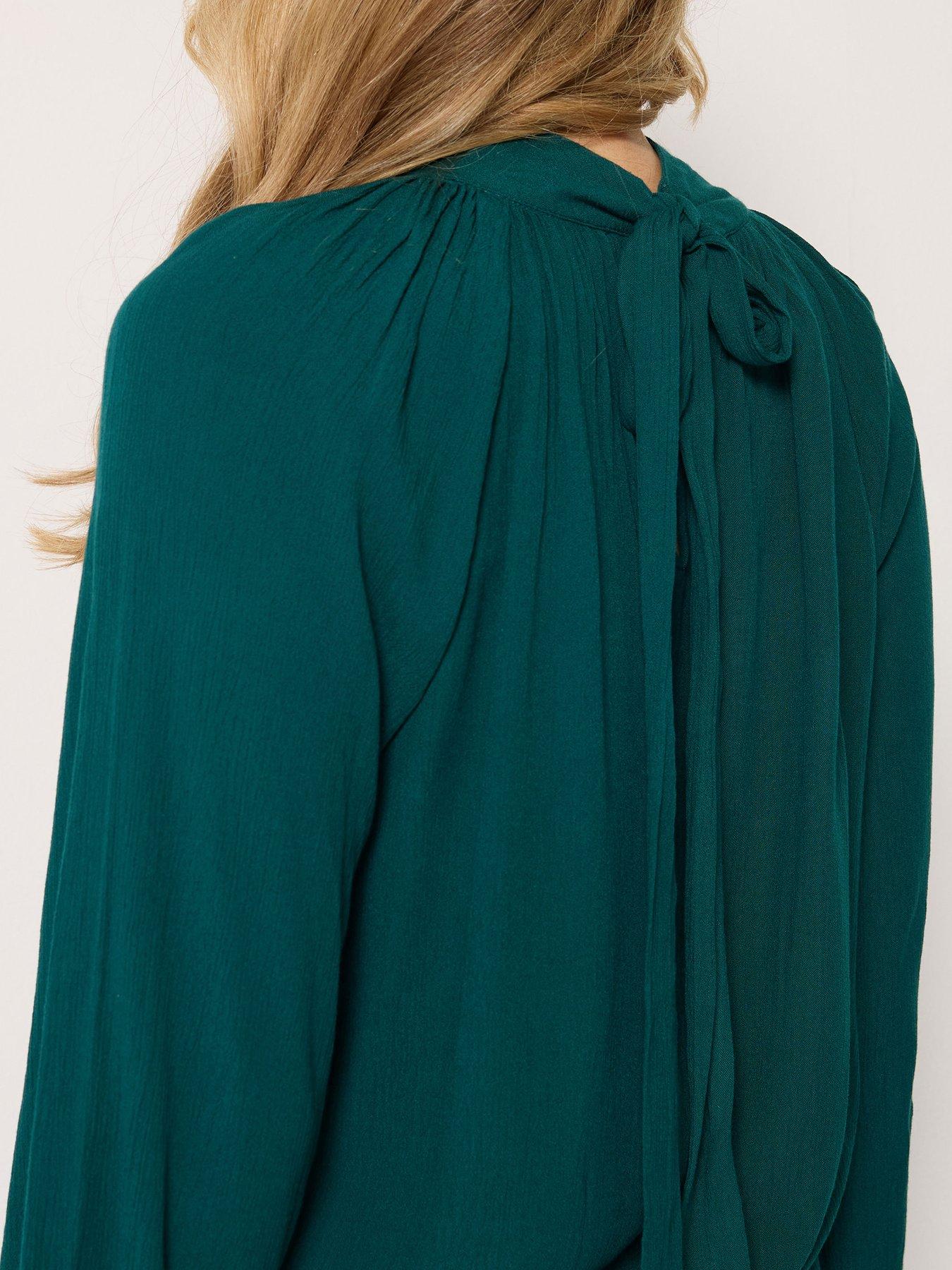 Image 4 of 4 of Long Tall Sally Tie Neck Crinkle Blouse - Green