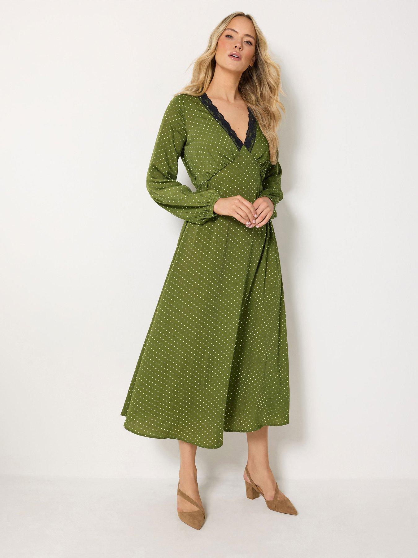 Image 1 of 4 of Long Tall Sally Womens Tall Polka Dot Lace Midi Dress - Green