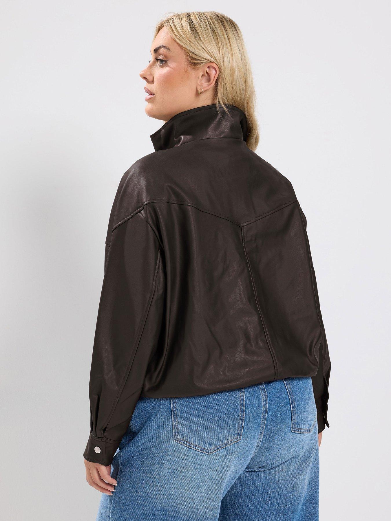 Image 2 of 4 of Yours Curve Funnel Neck Pu Jacket - Brown