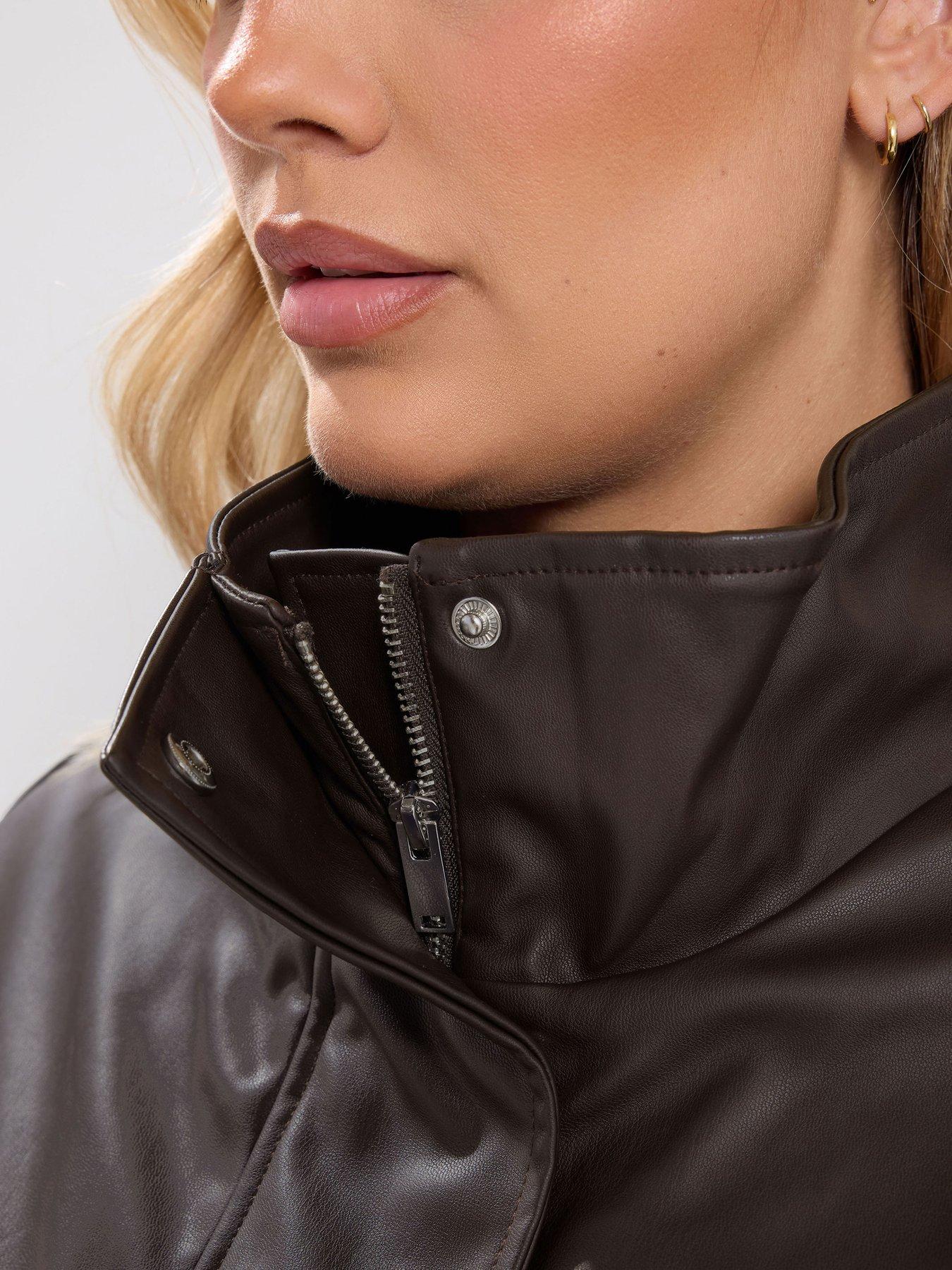 Image 4 of 4 of Yours Curve Funnel Neck Pu Jacket - Brown