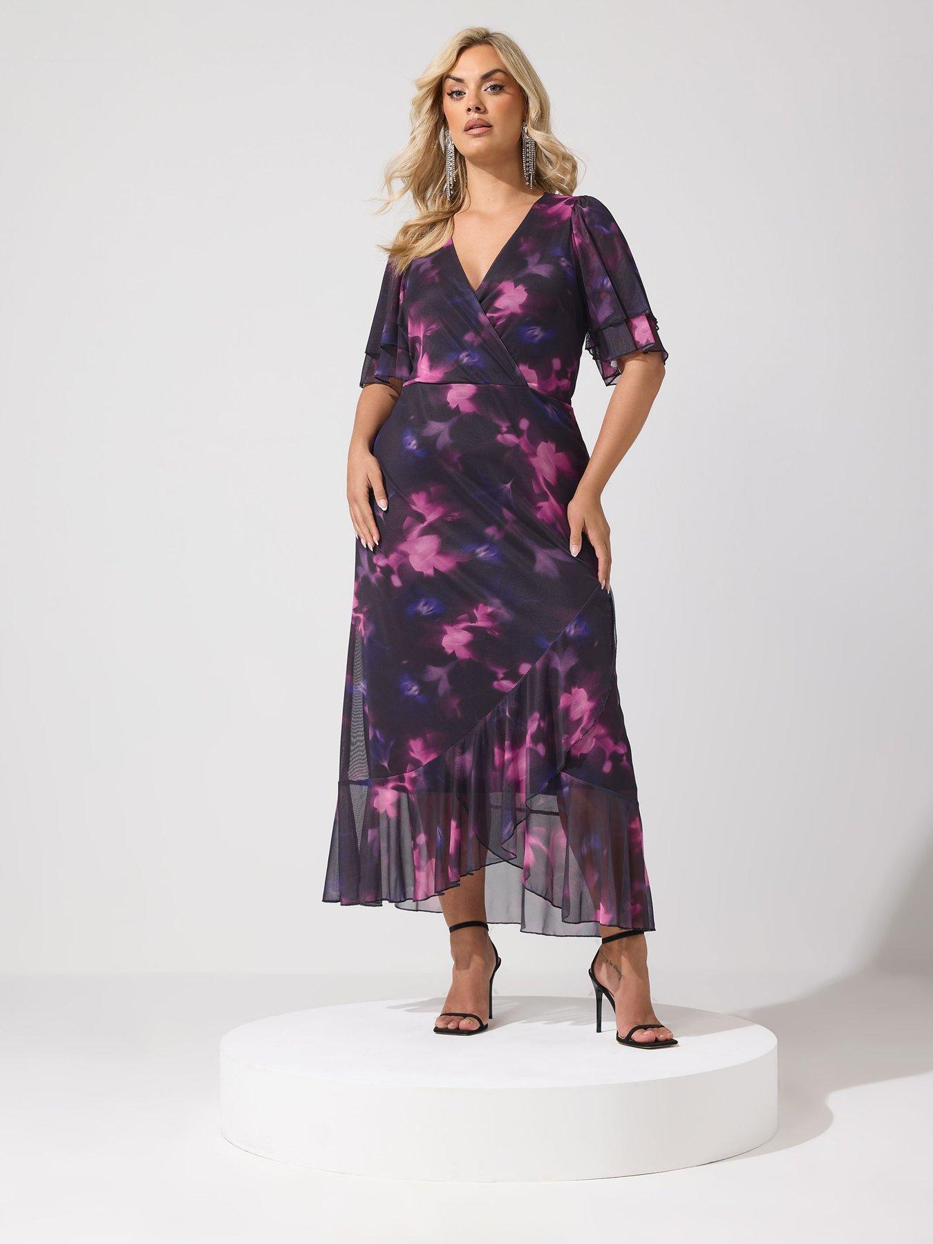 Yours LONDON Curve Abstract Wrap Ruffle Hem Dress - Purple