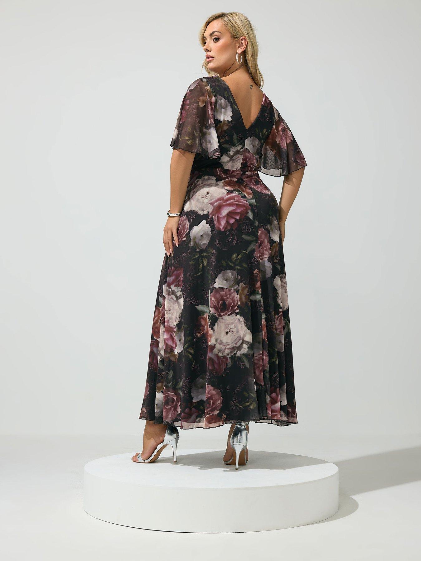 Image 2 of 4 of Yours Curve Lace Mesh Angel Sleeve Dress - Black