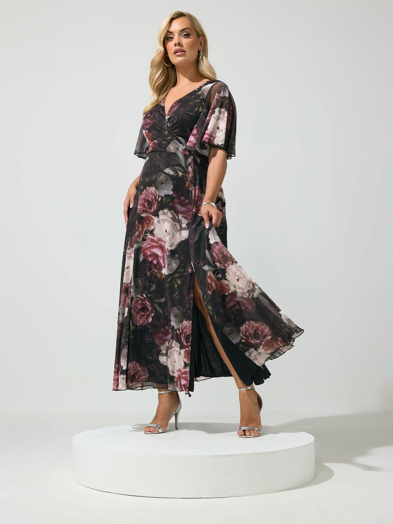 Image 3 of 4 of Yours Curve Lace Mesh Angel Sleeve Dress - Black