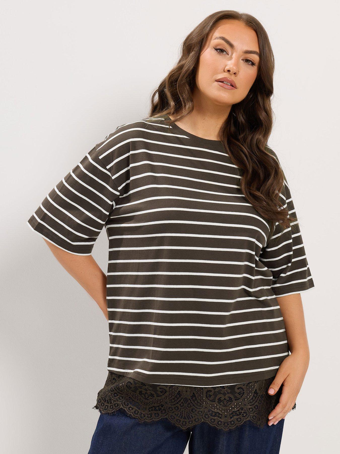 Yours Curve Stripe Lace Hem T-Shirt - Brown