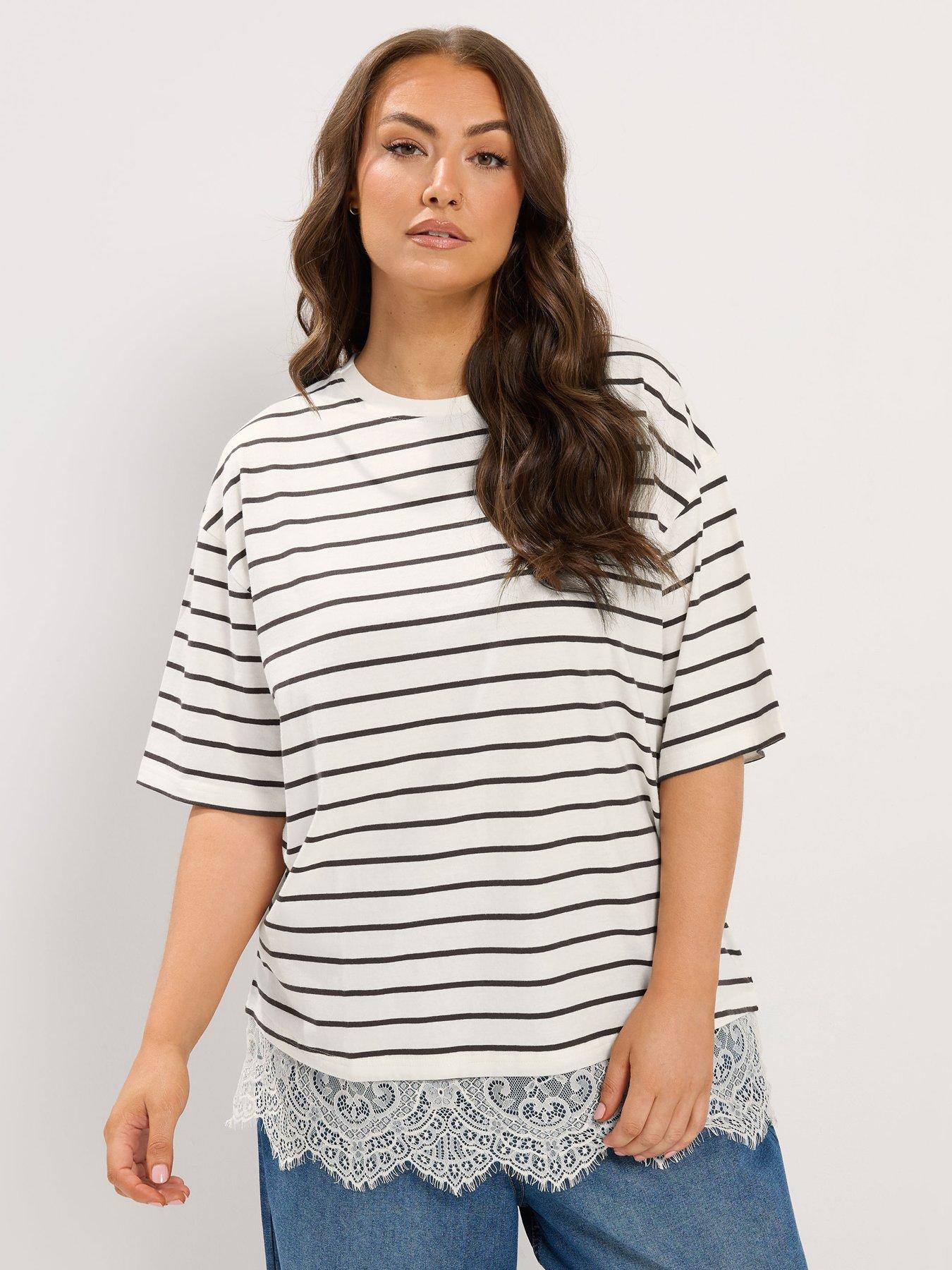 Yours Curve Stripe Lace Hem T-Shirt - Ivory White