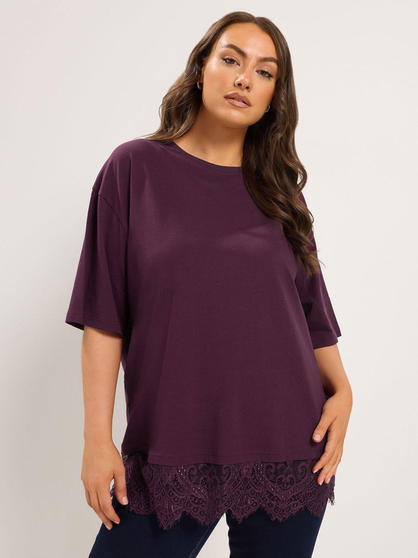 Yours Curve Lace Hem T-Shirt - Purple